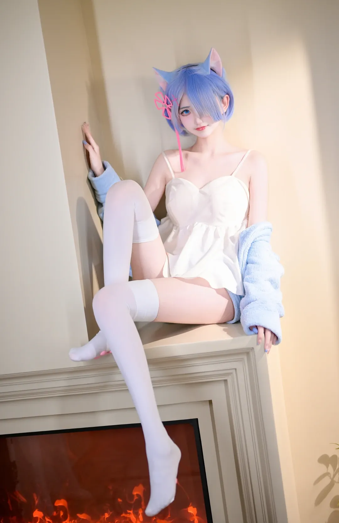 二次元撮影, Re:ゼロから始める異世界生活, レム コスプレ, 部屋着パジャマ, ふわふわ猫耳