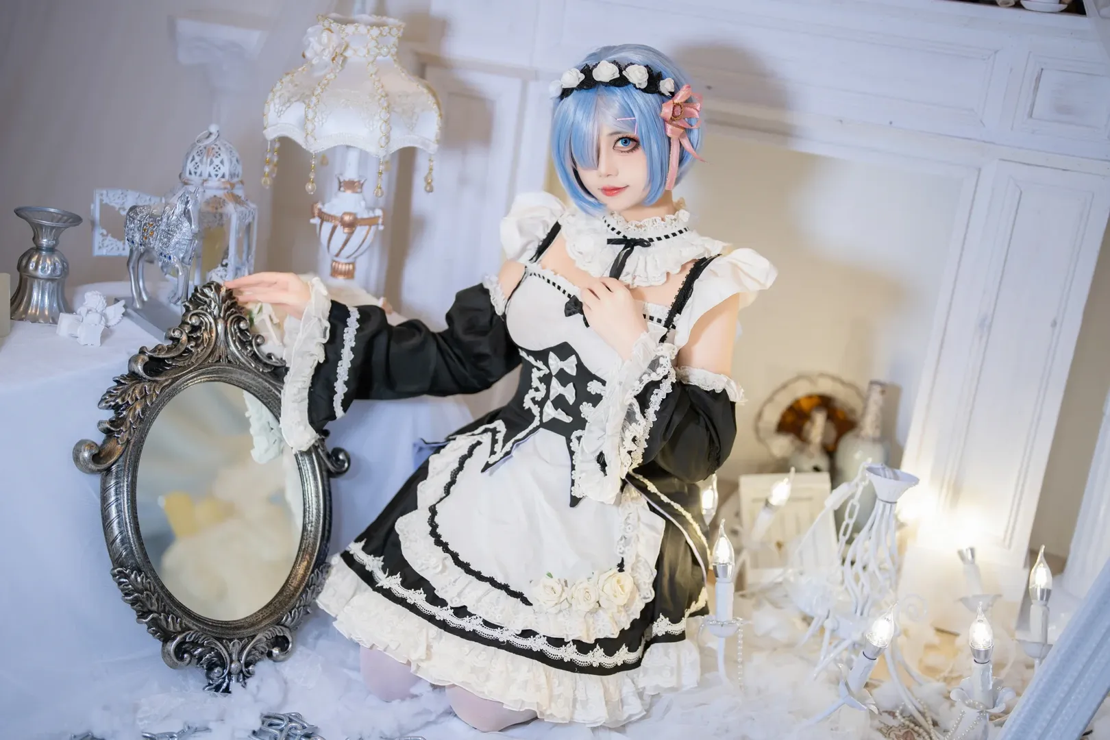 角色扮演, 二次元摄影, 雷姆cos, 蓝发女仆装, 白丝出片 - 第3张