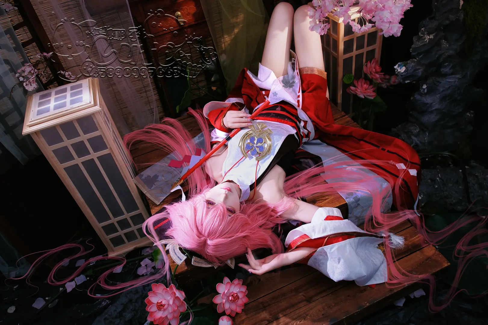 Genshin Impact, Cosplay photoshoot, Japanese-style photography, Yae Miko cosplay, Pink color scheme - Image 1