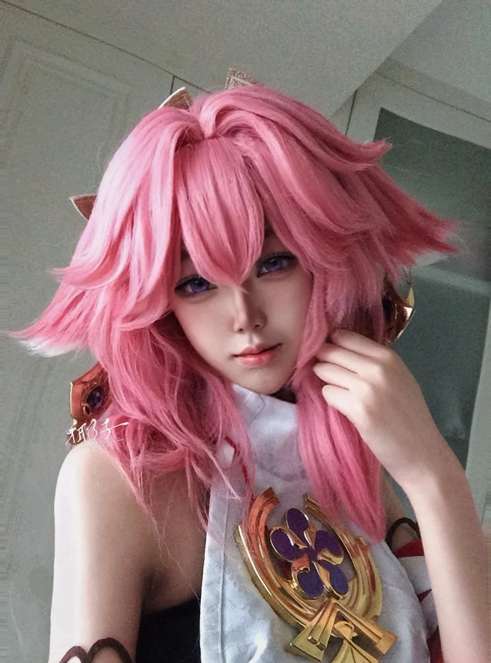 原神, 八重神子cos, Cosplay分享, 粉發cos, 狐耳