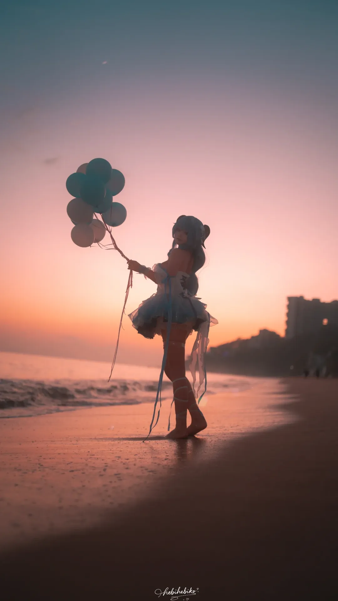 原神, 甘雨 コスプレ, 二次元撮影, 雰囲気のある写真, 海辺の夕日