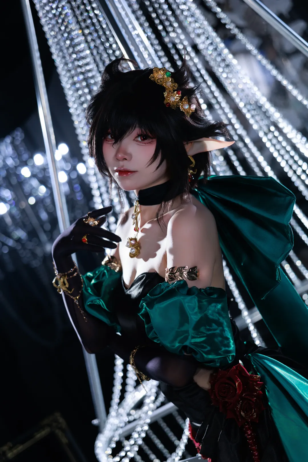 アークナイツ, コスプレ撮影, エンテレケイア コスプレ, エルフ耳スタイル, 黒緑のドレス