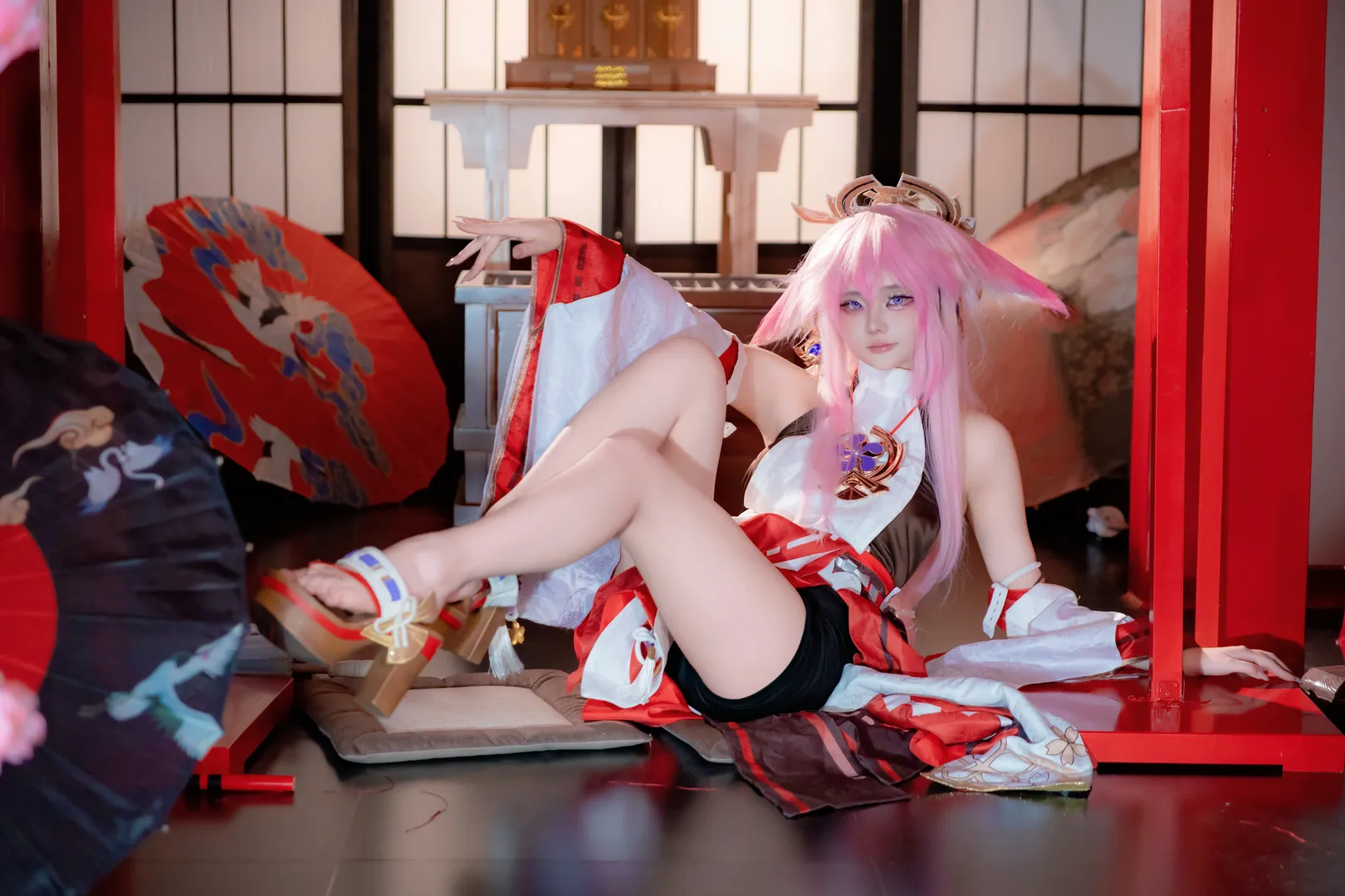 原神, 二次元コスプレ, 八重神子 コスプレ, 和風写真, ピンク髪スタイル