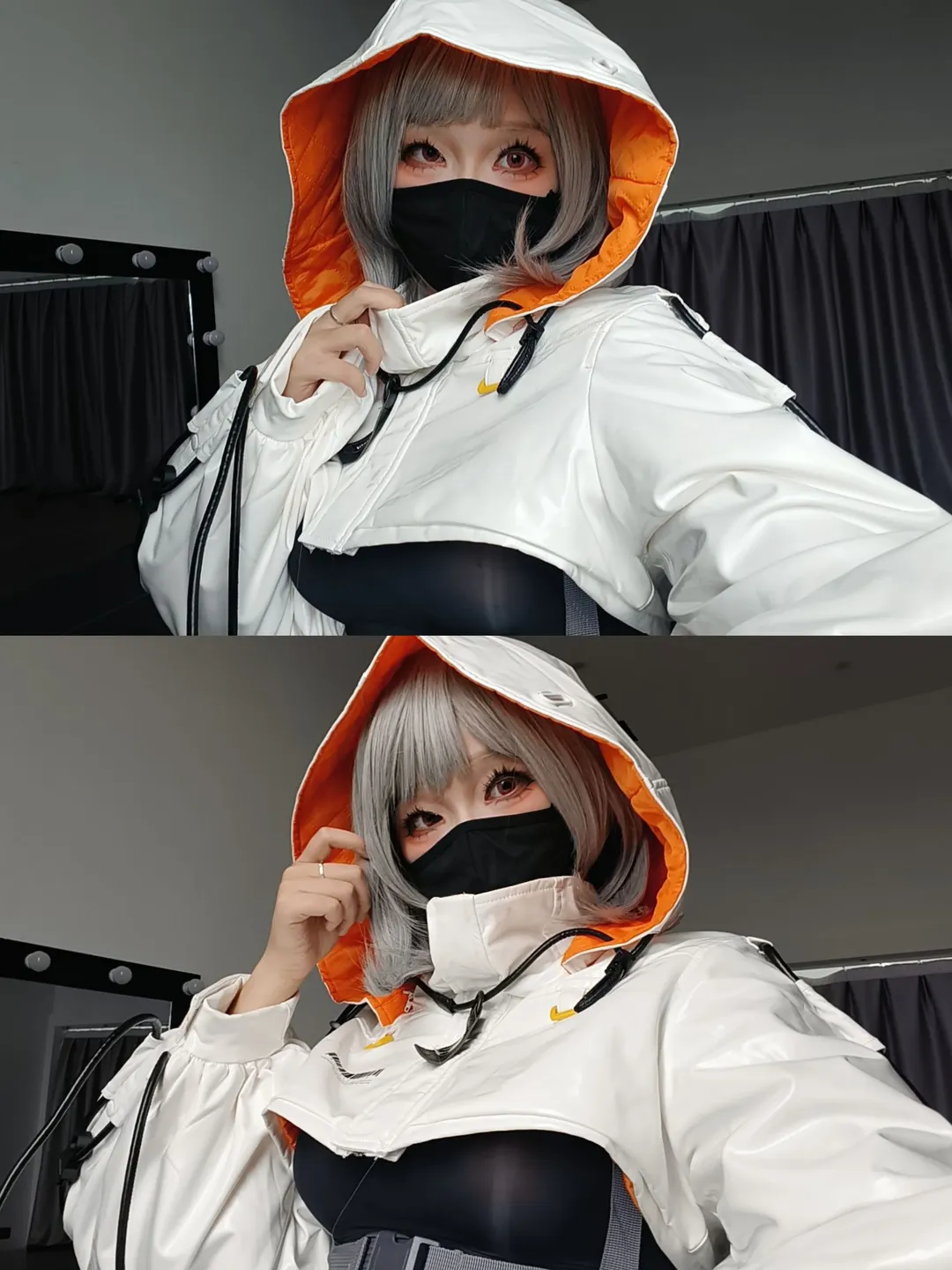 cosplay日常, 银灰假发cosplay, 机能风外套, 白橙搭配, 口罩妆造 - 第2张