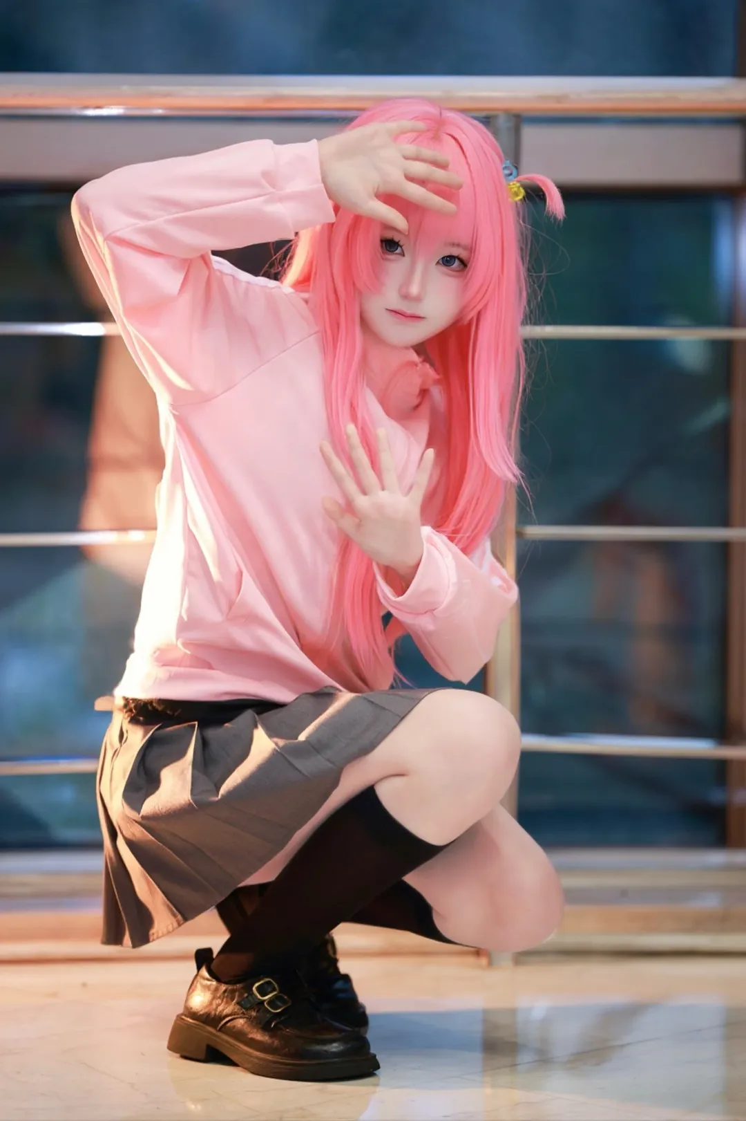 二次元cosplay, 粉色假髮, 孤獨搖滾, 波奇醬cos, 校園風JK