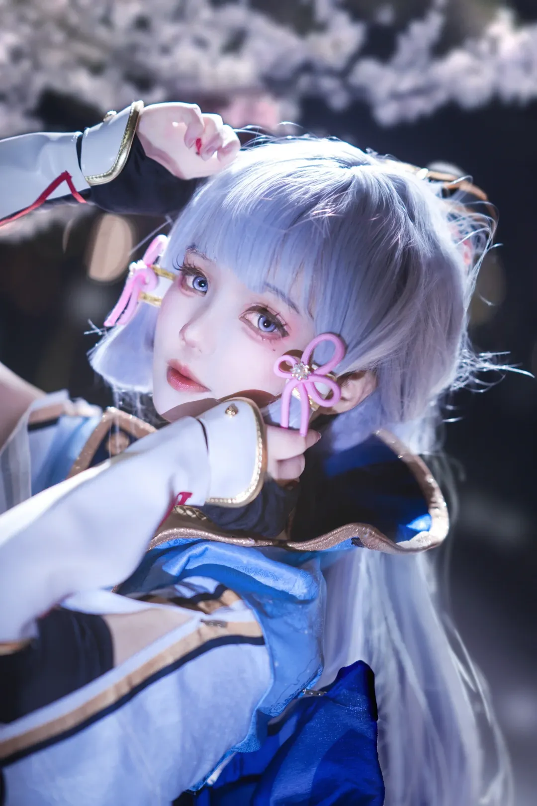 Genshin Impact, Atmospheric photography, Kamisato Ayaka cosplay, Cherry blossom night view cosplay, Night portrait - Image 3
