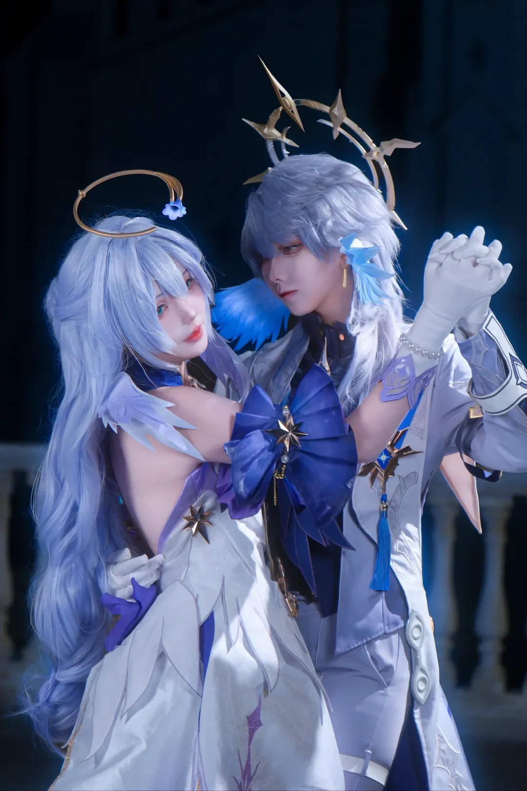 Anime-style photography, Honkai: Star Rail, Sunday and Robin cosplay, Duo cosplay photoset, Cool-toned lighting