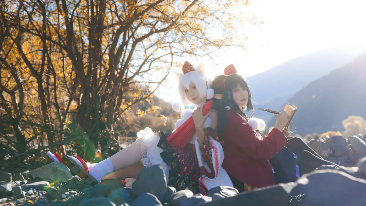 东方project, 射命丸文cos, 犬走椛cos, cosplay旅拍, 秋天外景 - 第5张