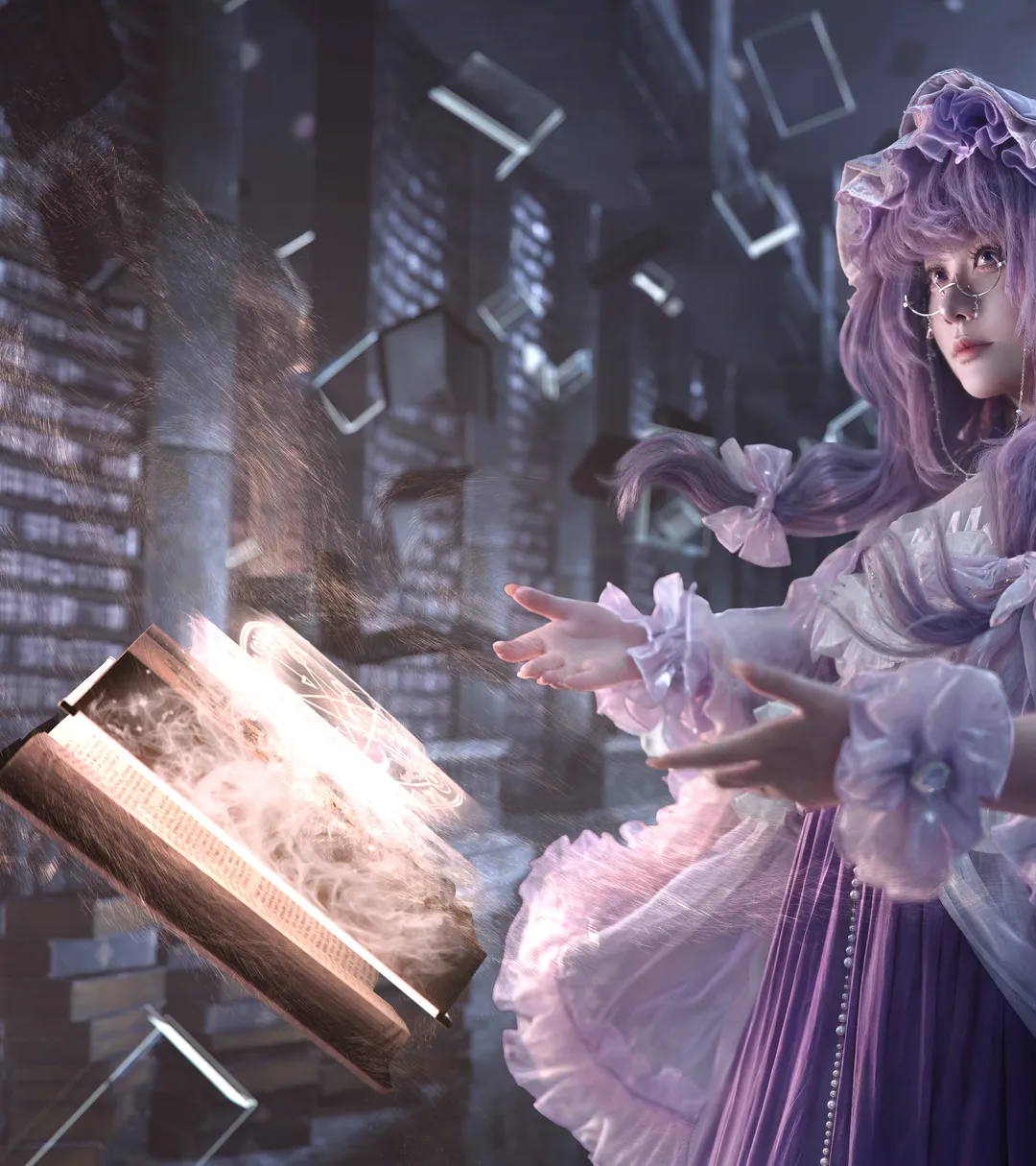 东方project, 帕秋莉 姆q cos, 世界线场景, 眼镜萌娘, 魔法书特效 - 第1张