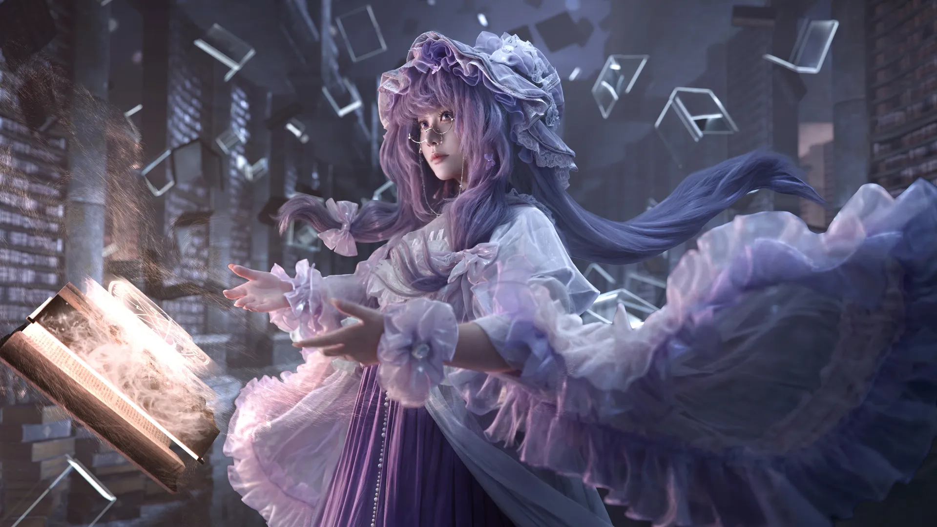 東方Project, パチュリー・ノーレッジ コスプレ, 世界線シーン, メガネっ娘, 魔導書の特殊効果