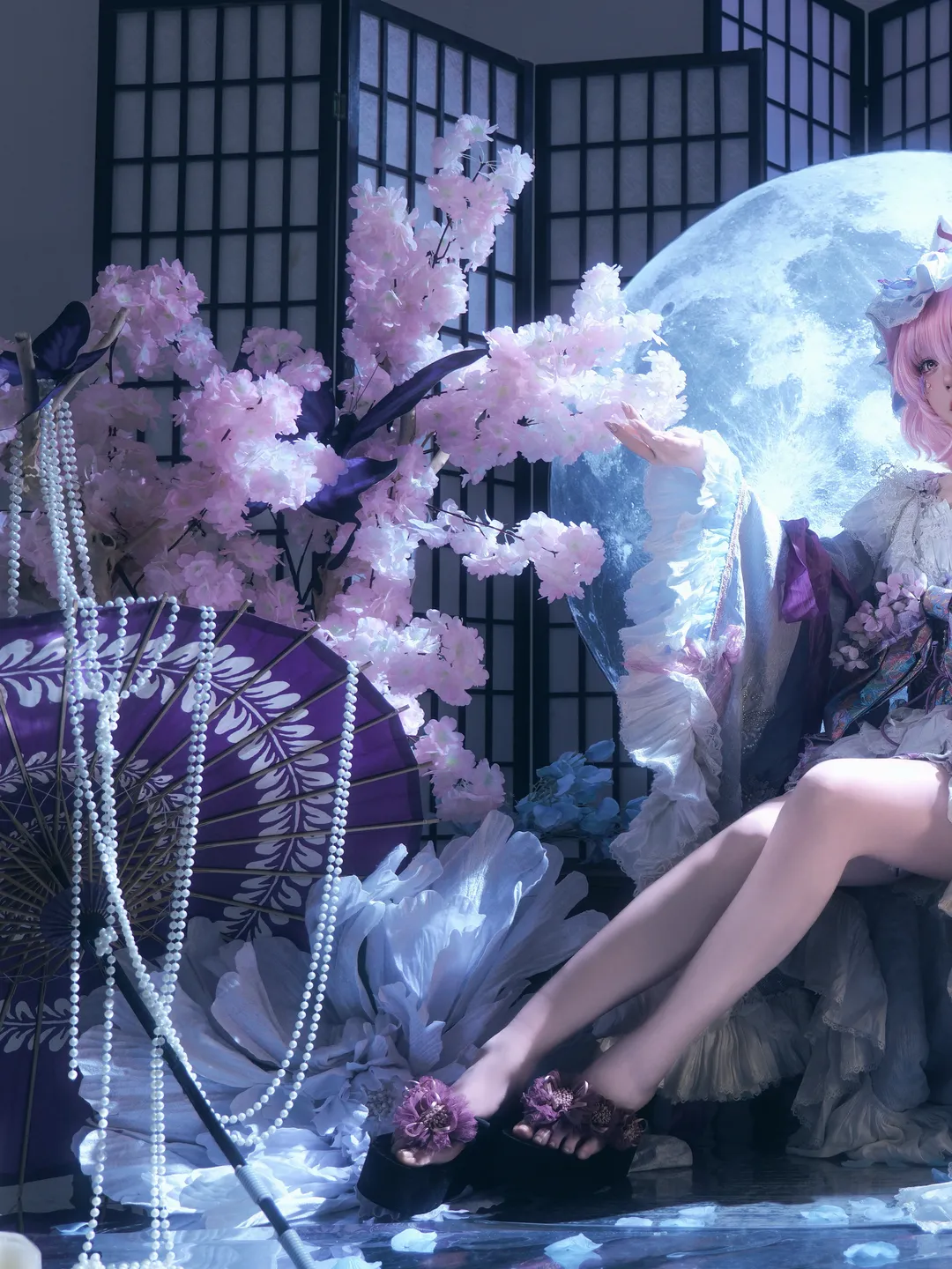 東方Project, 西行寺幽々子コスプレ, 二次元コスプレの日常, 幻想的な和風写真, 月下の桜メイク - 2枚目