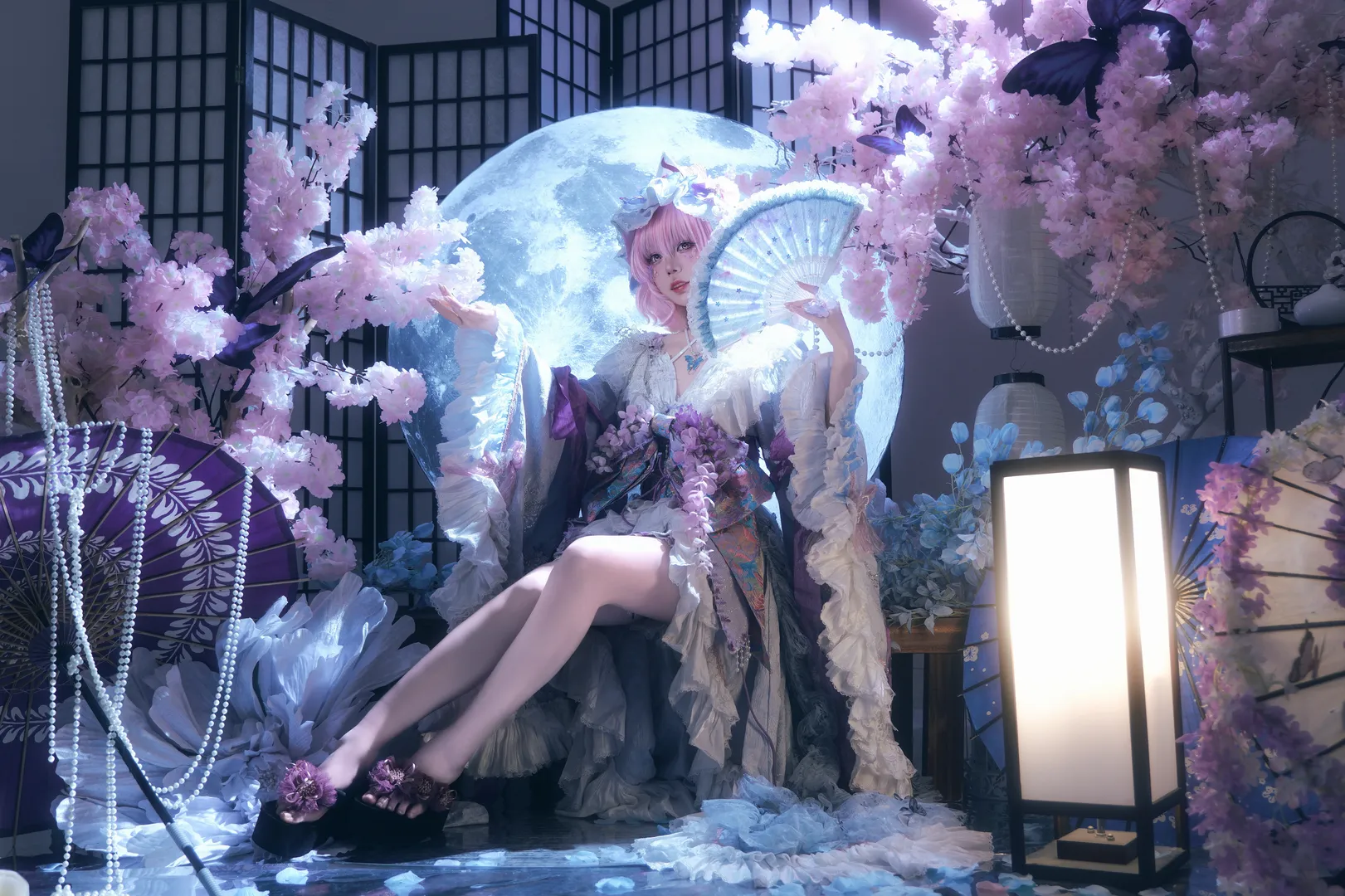 東方Project, 西行寺幽々子コスプレ, 二次元コスプレの日常, 幻想的な和風写真, 月下の桜メイク
