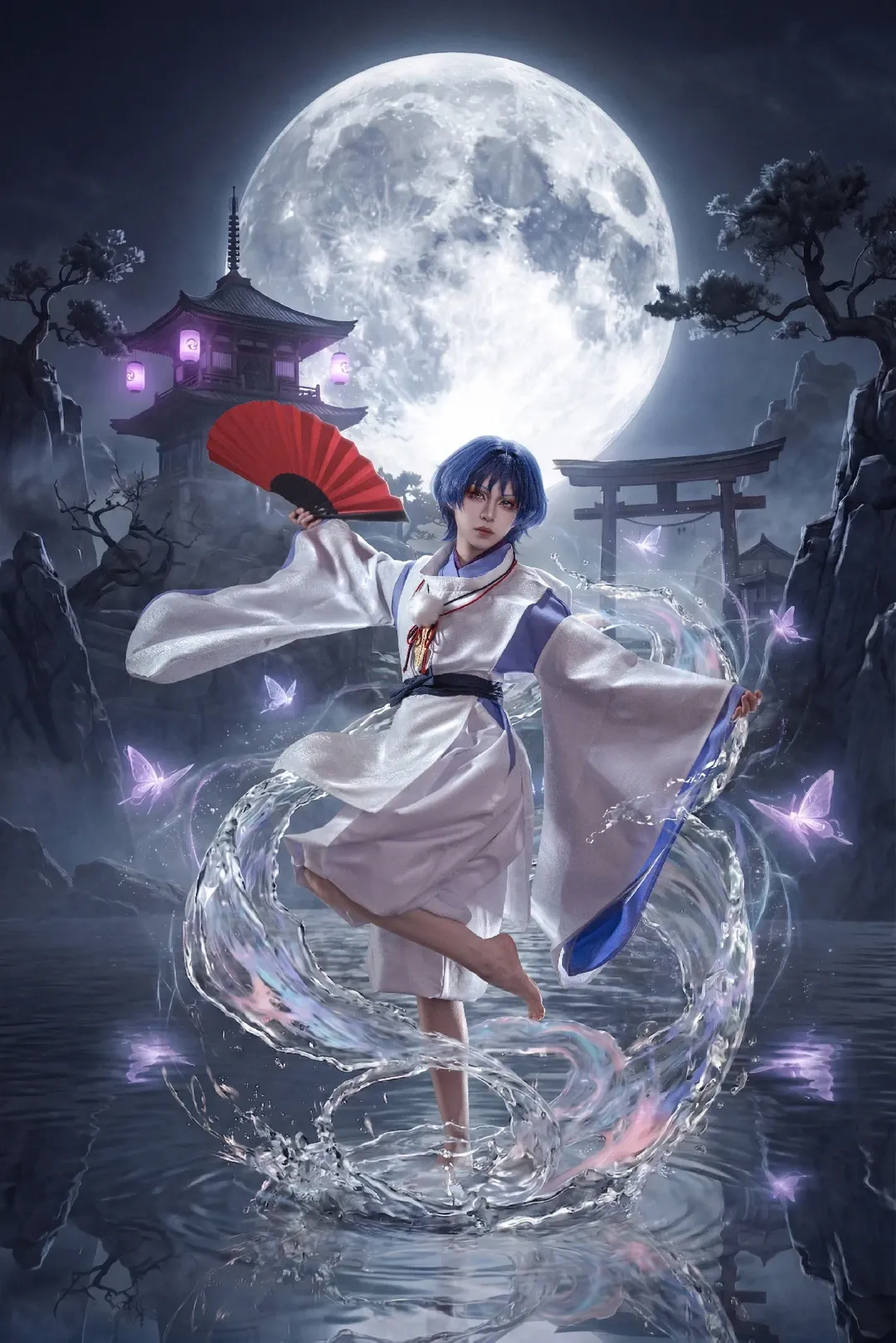 原神, 傾奇者コスプレ, 和風ファンタジー, 水元素エフェクト, スタジオ撮影合成