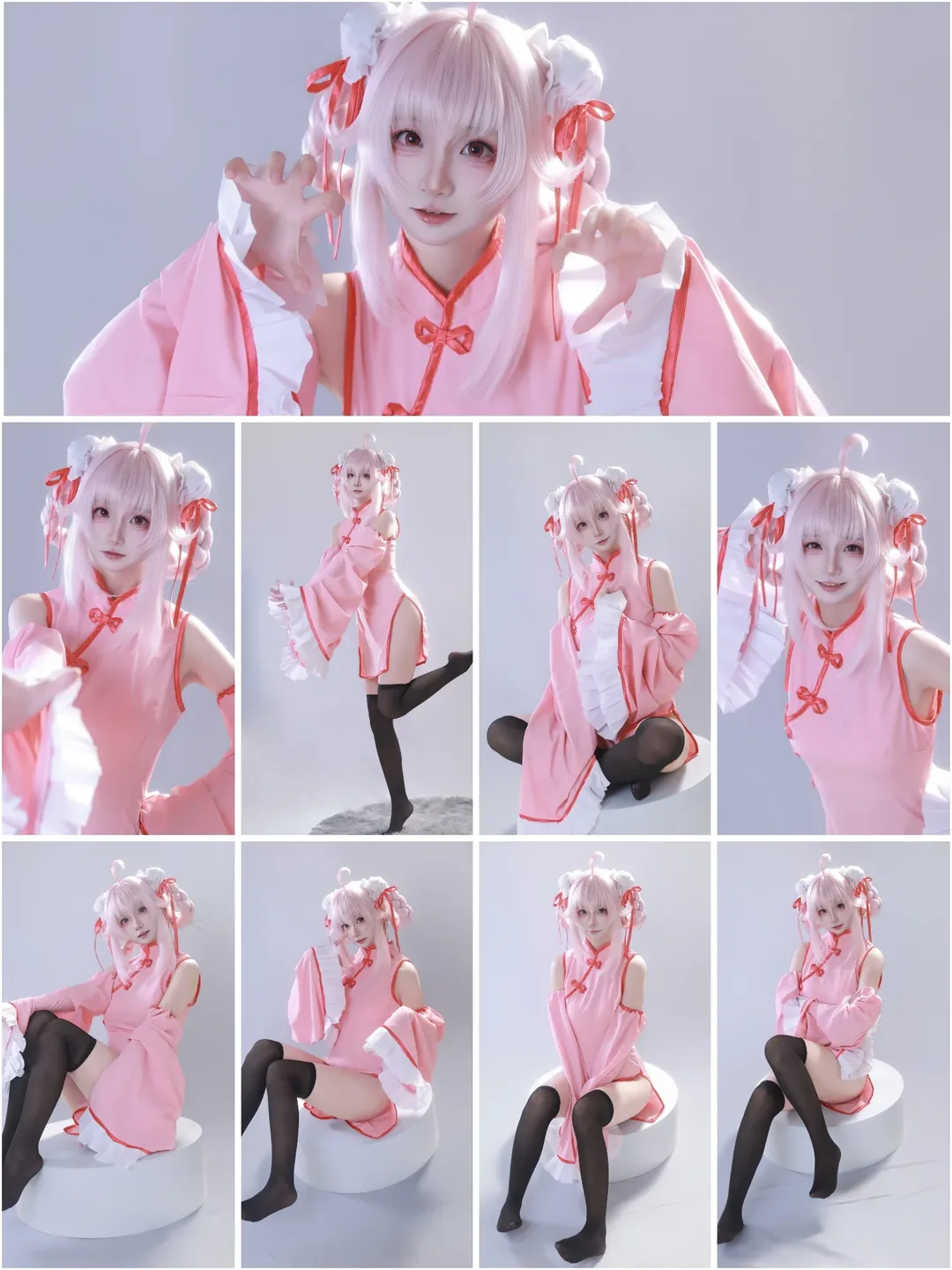 蔚蓝档案, 柚鸟夏cos, 二次元人像, 旗袍动作参考, 粉发Coser - 第1张