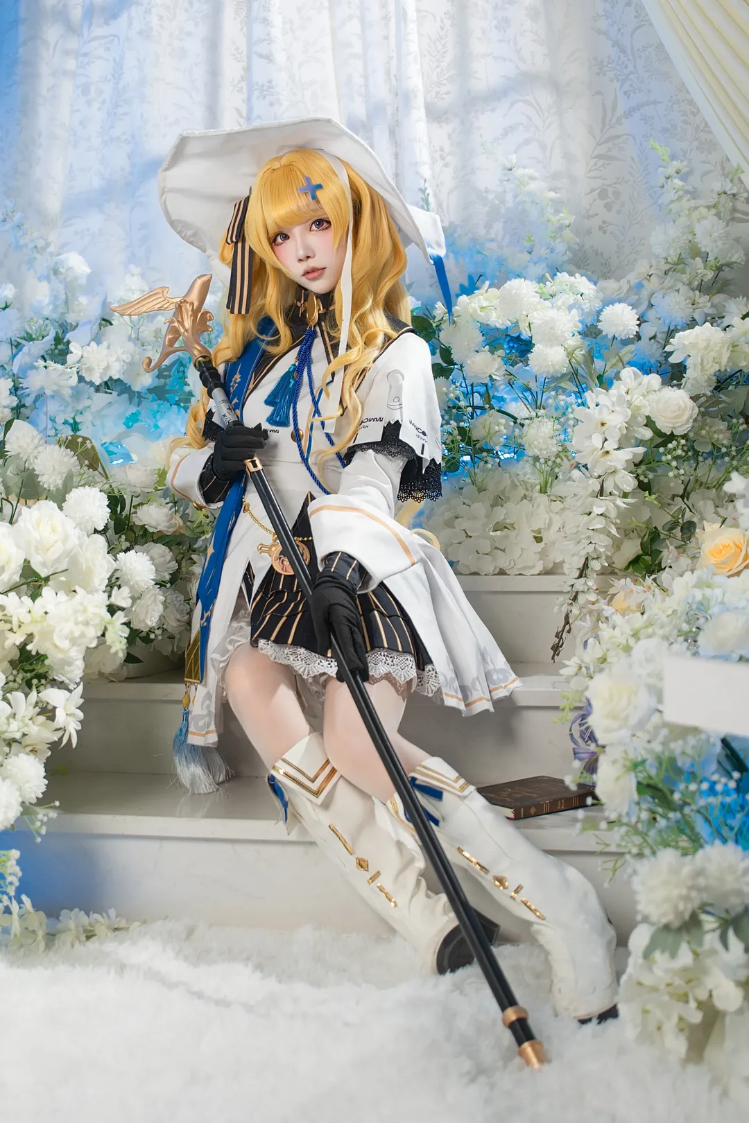 Phoebe Cosplay, Wuthering Waves, White tights cosplay, Blonde cosplay, Studio floral photoshoot - Image 3