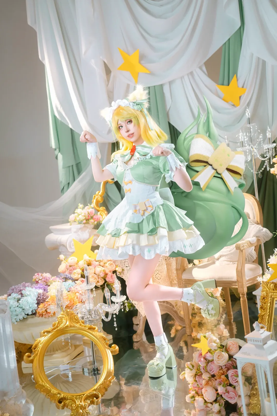 治愈系少女, 摄影棚写真, 妲己cos, 抹茶甜心, 绿色系cosplay