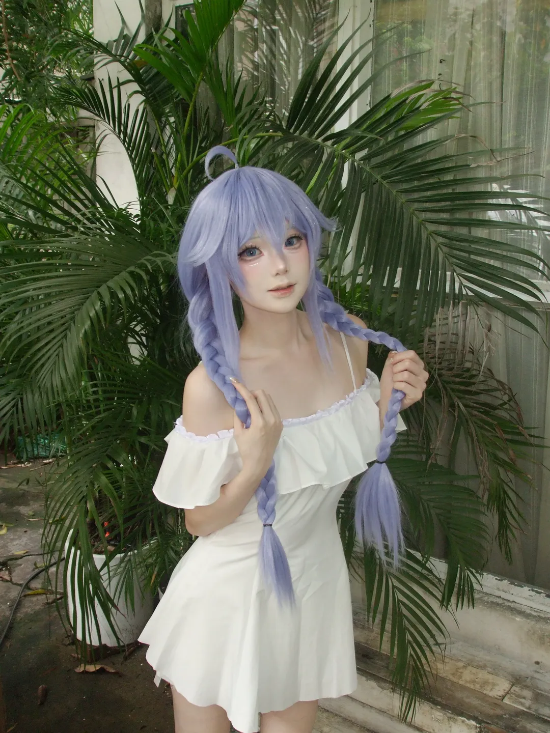 Roxy cosplay, Mushoku Tensei: Jobless Reincarnation, Atmospheric cosplay, Blue twin braids, White loungewear dress