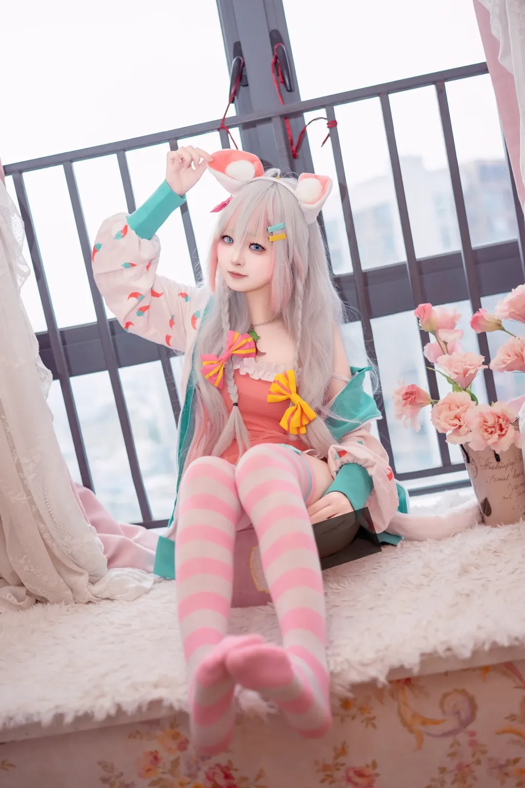 Kagura Nana cosplay, Lazy home style, Pink and white striped socks, Kagura Nana, Fluffy animal ears