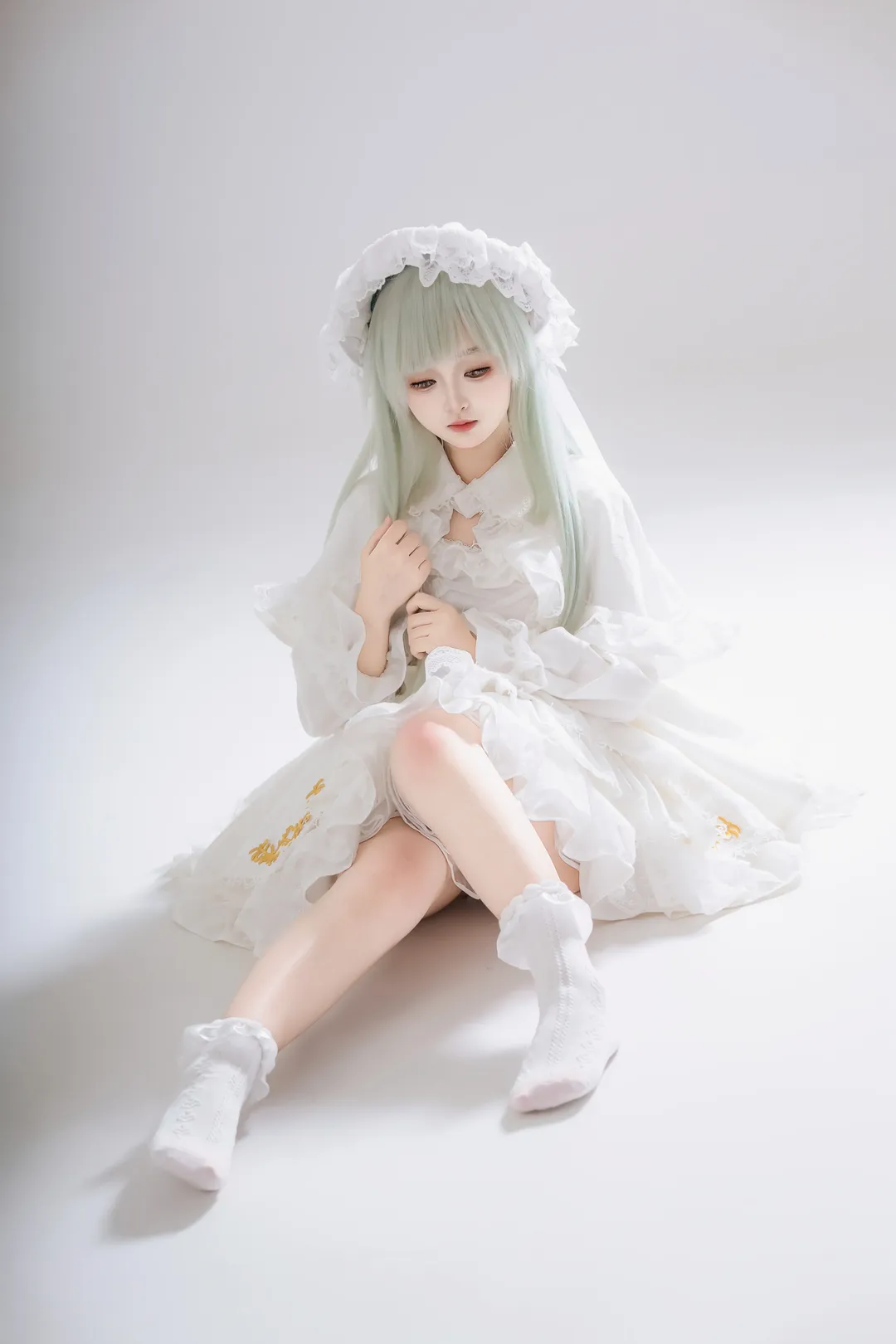 cosplay摄影, 若叶睦cos, 薄荷绿假发, avemujica, 白棚人像