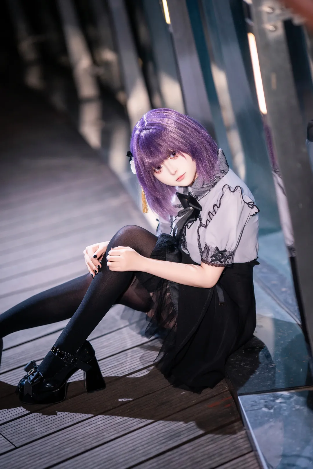 Gakuen Idolmaster, Night photography, Black tights outfit, Misuzu Hataya cosplay, Lace style