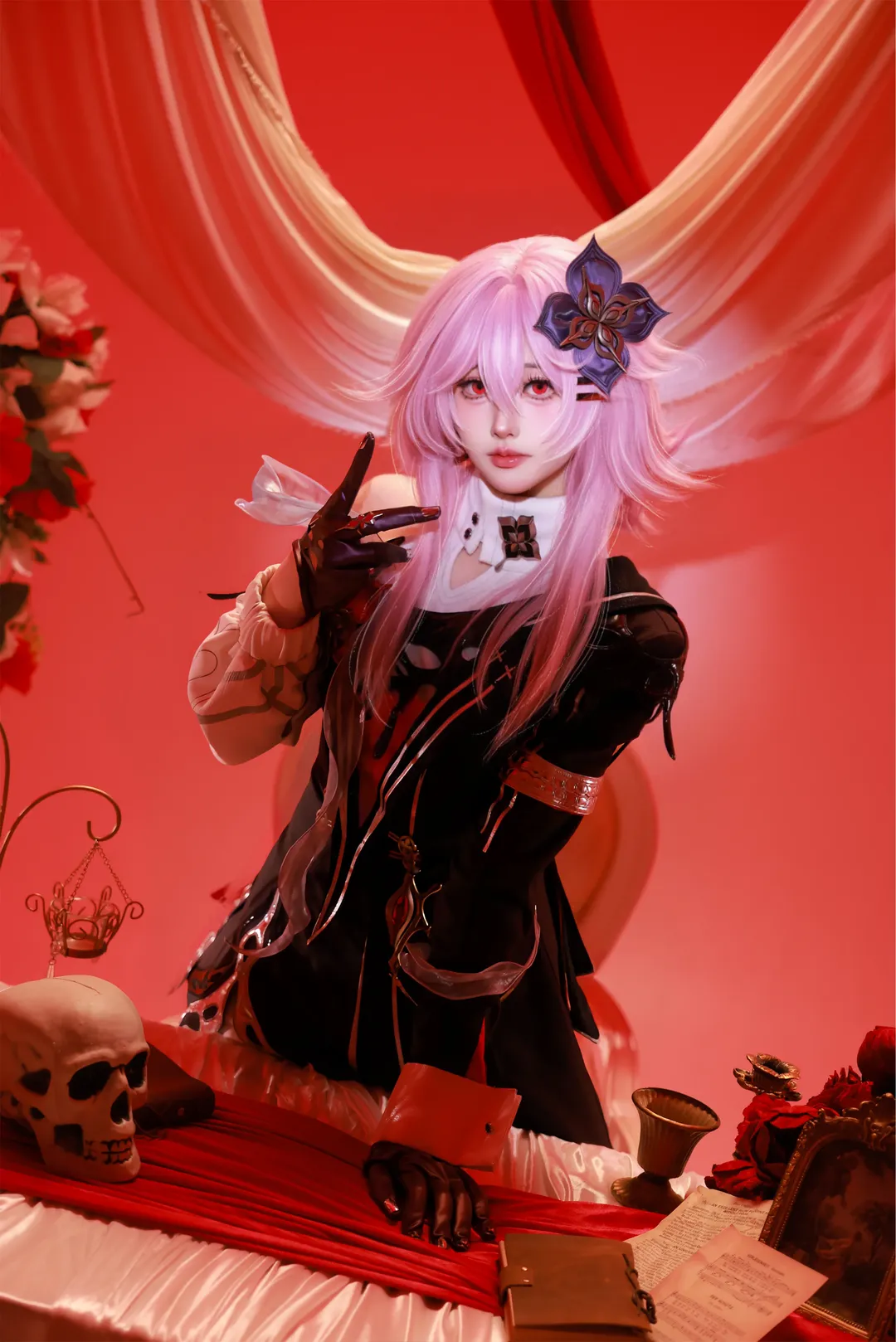 Honkai: Star Rail, Evernight cosplay, Dark style cosplay, Pink hair red eyes cosplay, Retro scene photography - Image 2