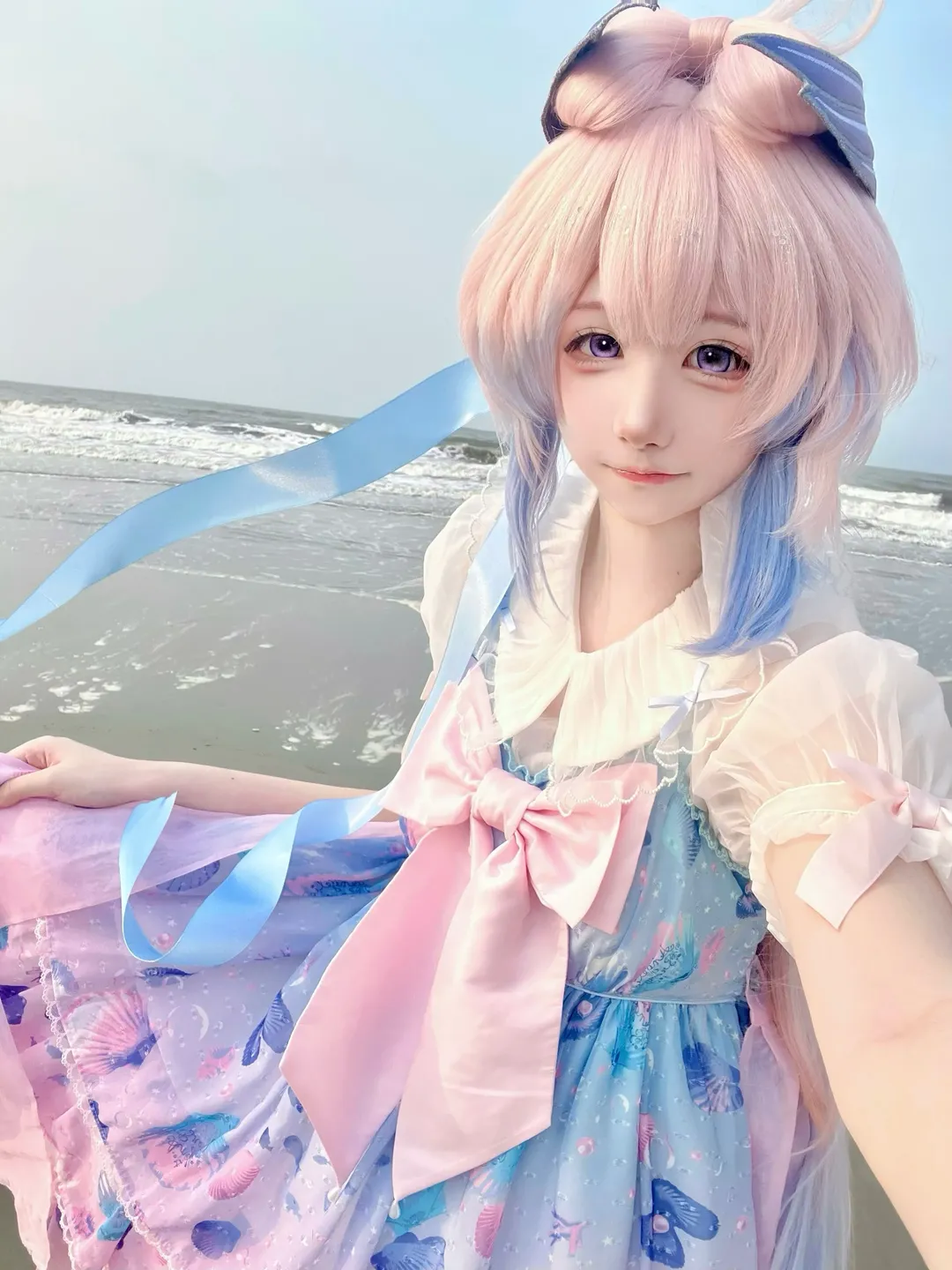 原神, 海边摄影, 珊瑚宫心海cos, 私设Lolita, 粉蓝贝壳