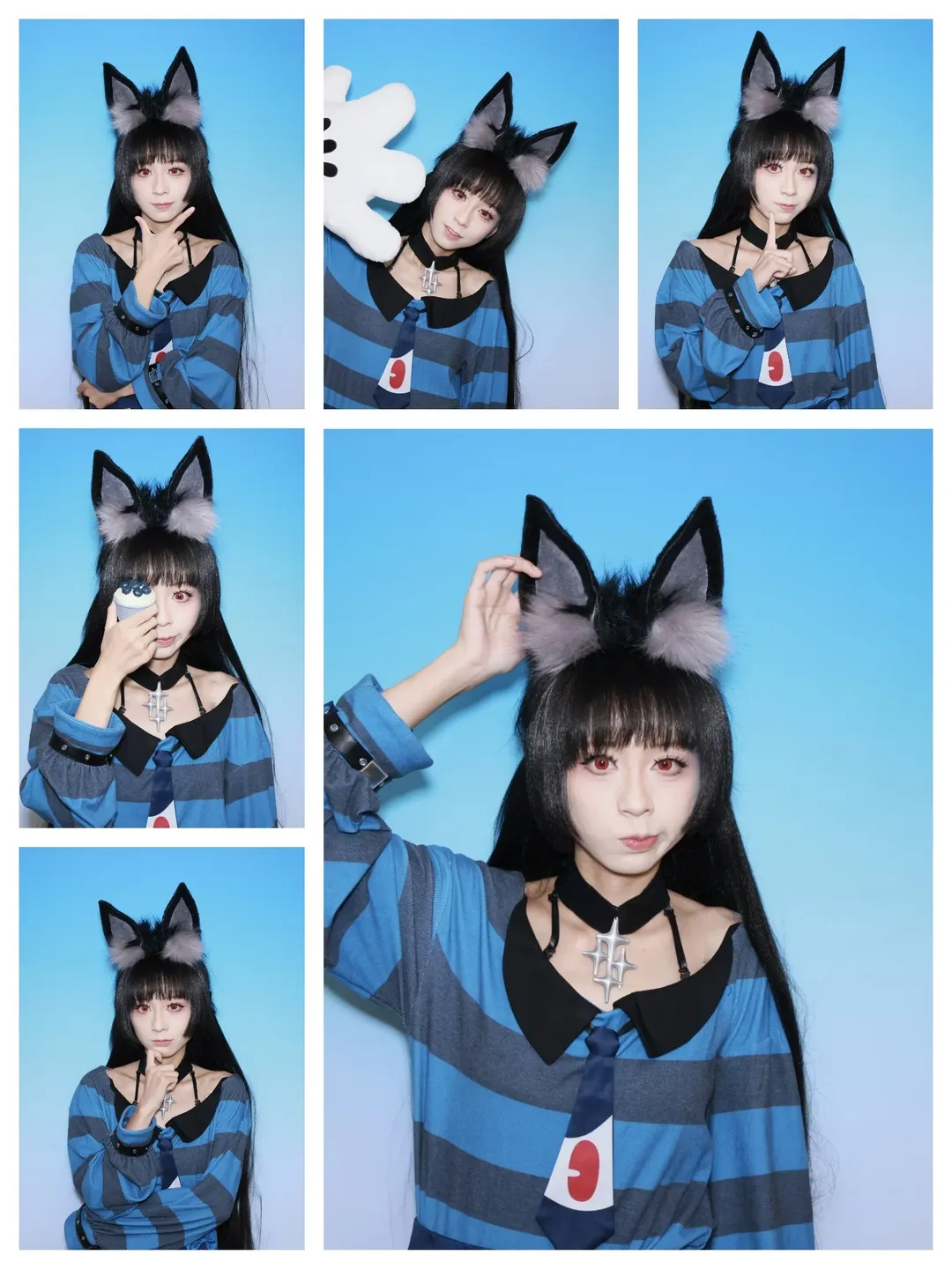 星见雅cos, cosplay日常, 兽耳少女, 蓝灰条纹穿搭, 日式大头贴 - 第1张