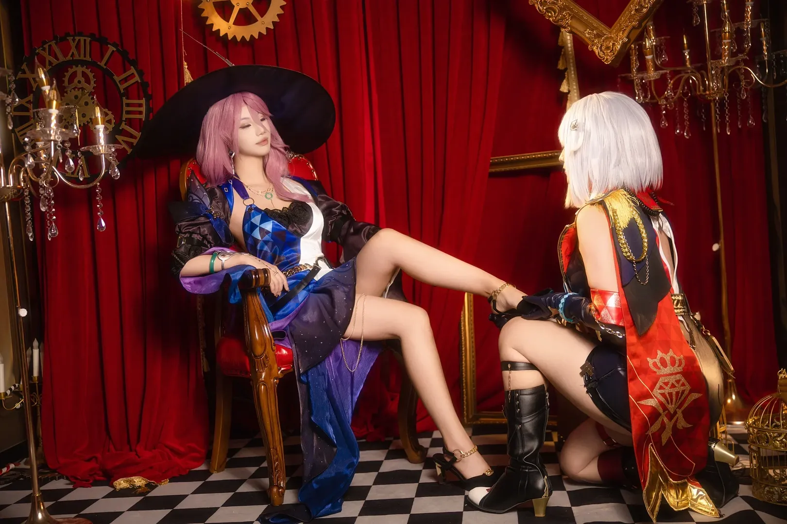 Honkai: Star Rail, Jade cosplay, Cosplay photography, Retro glamorous style, Two-character interaction