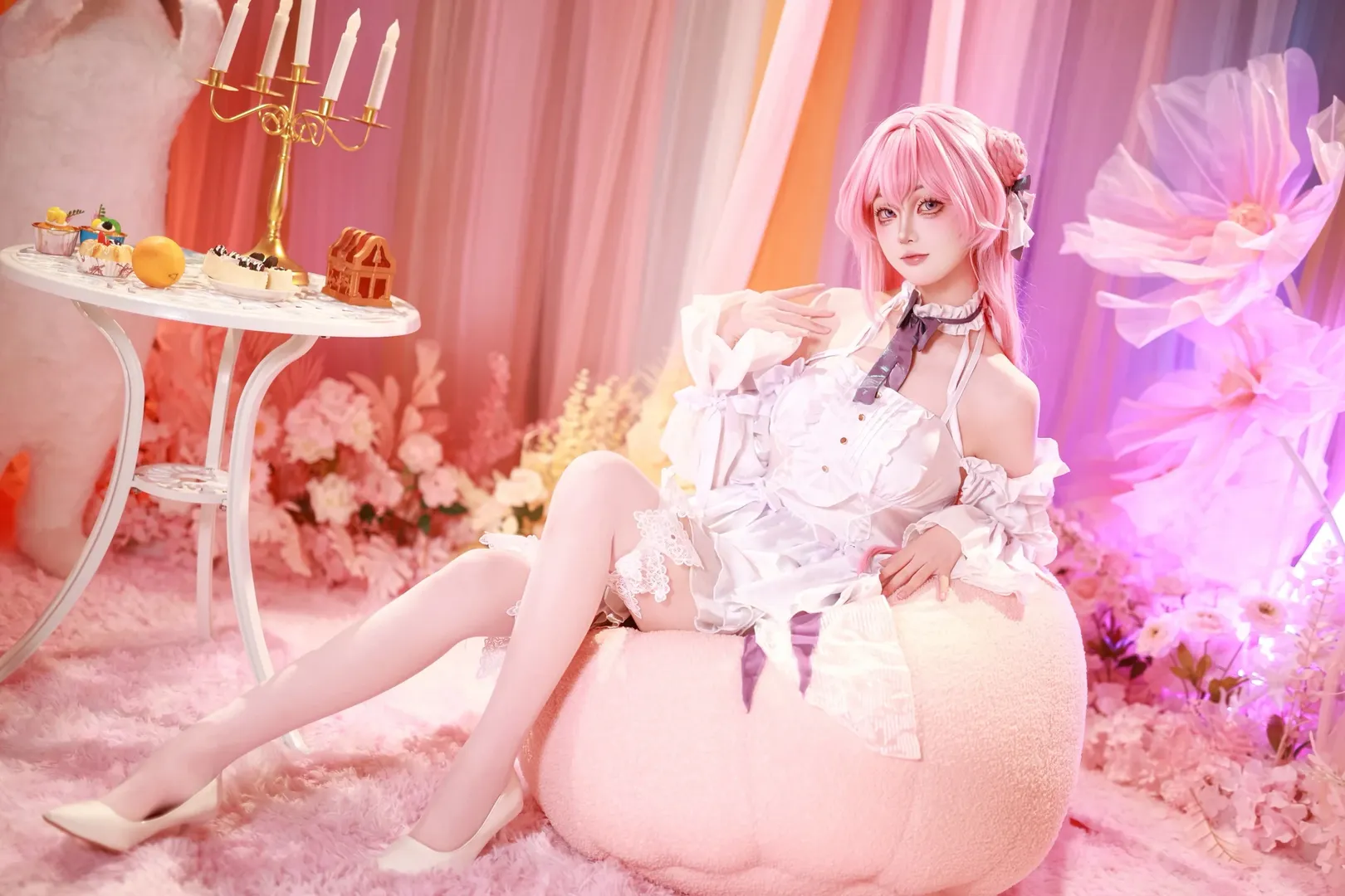 White dress cosplay, Cosplay photography, Pink wig, Dorothy cosplay, Dreamy photoshoot