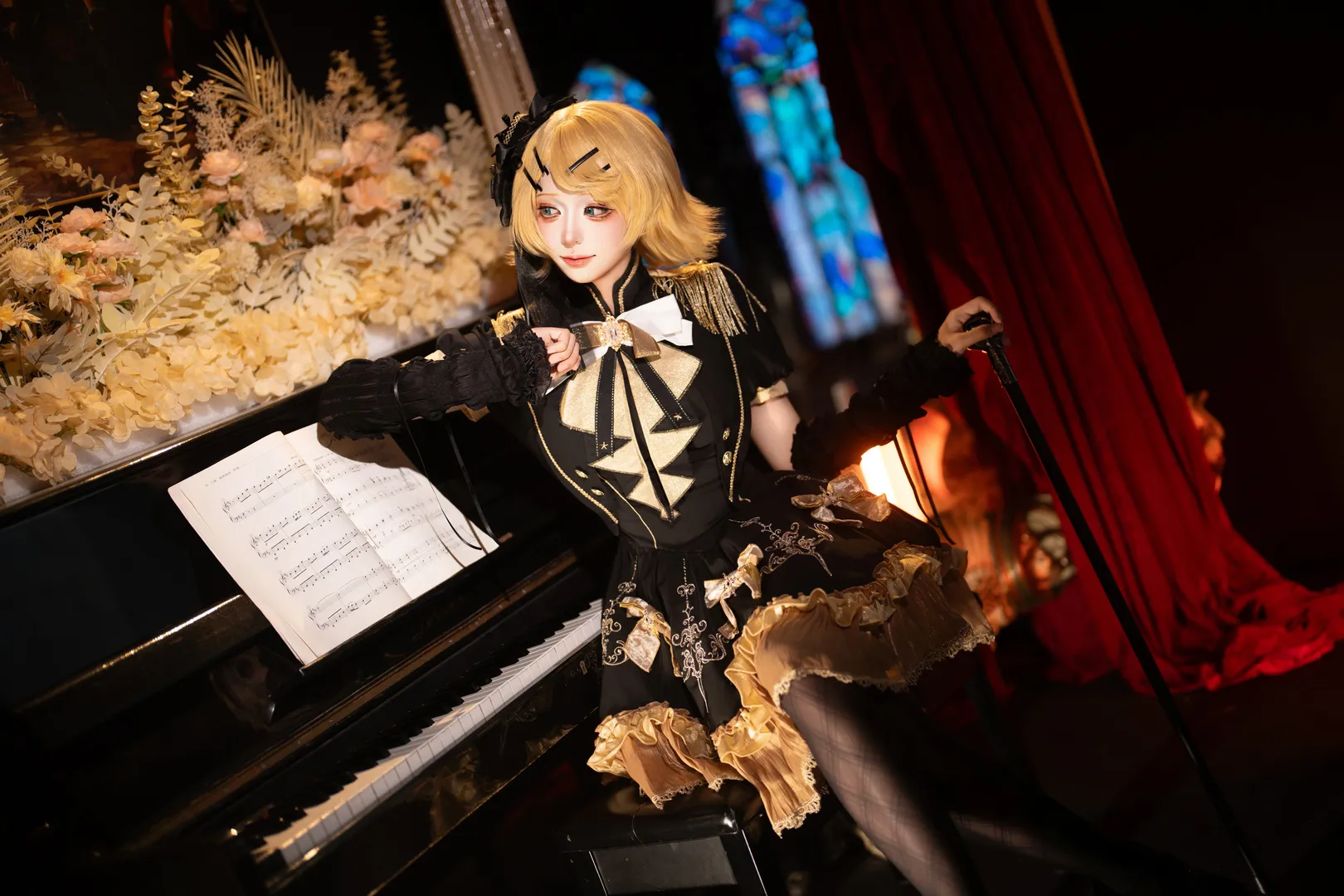 二次元摄影, 私设cosplay, 镜音铃cos, 钢琴写真, 黑金复古风 - 第3张
