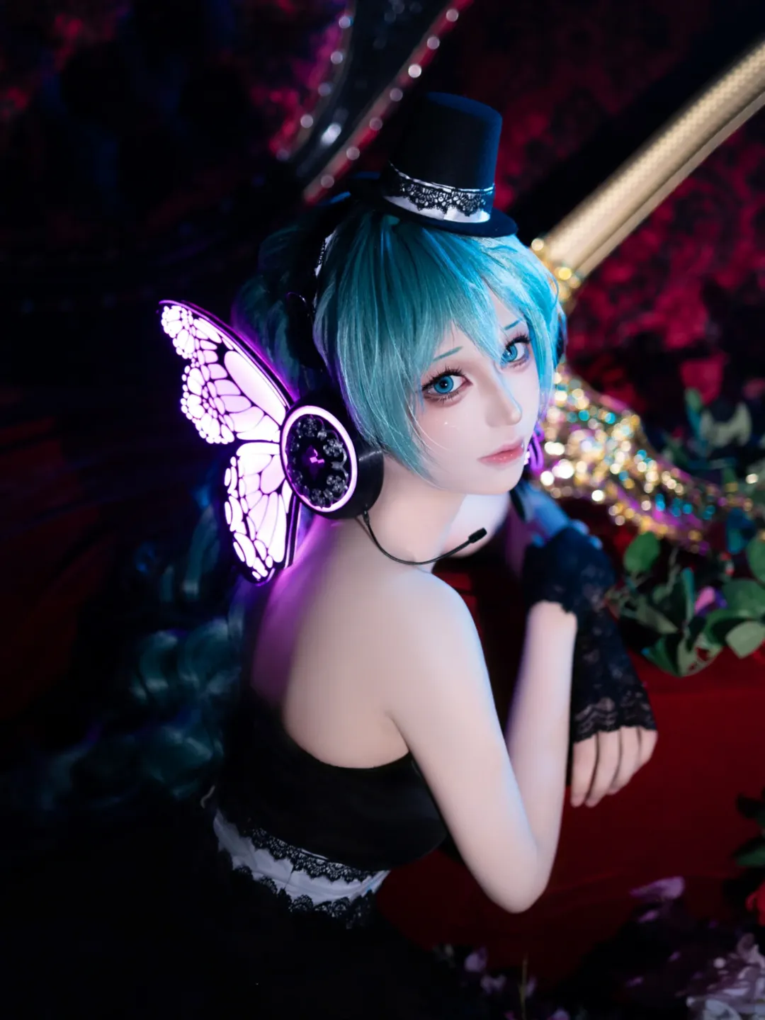 二次元摄影, 初音未来cos, Vocaloid, 暗黑风cosplay, 蝴蝶耳机