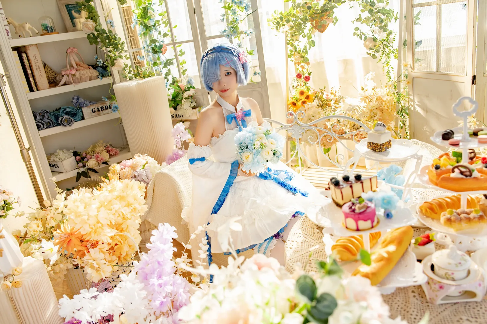 二次元cosplay, 蕾姆cos, 从零开始的异世界, 白丝穿搭, 摄影棚返图 - 第1张