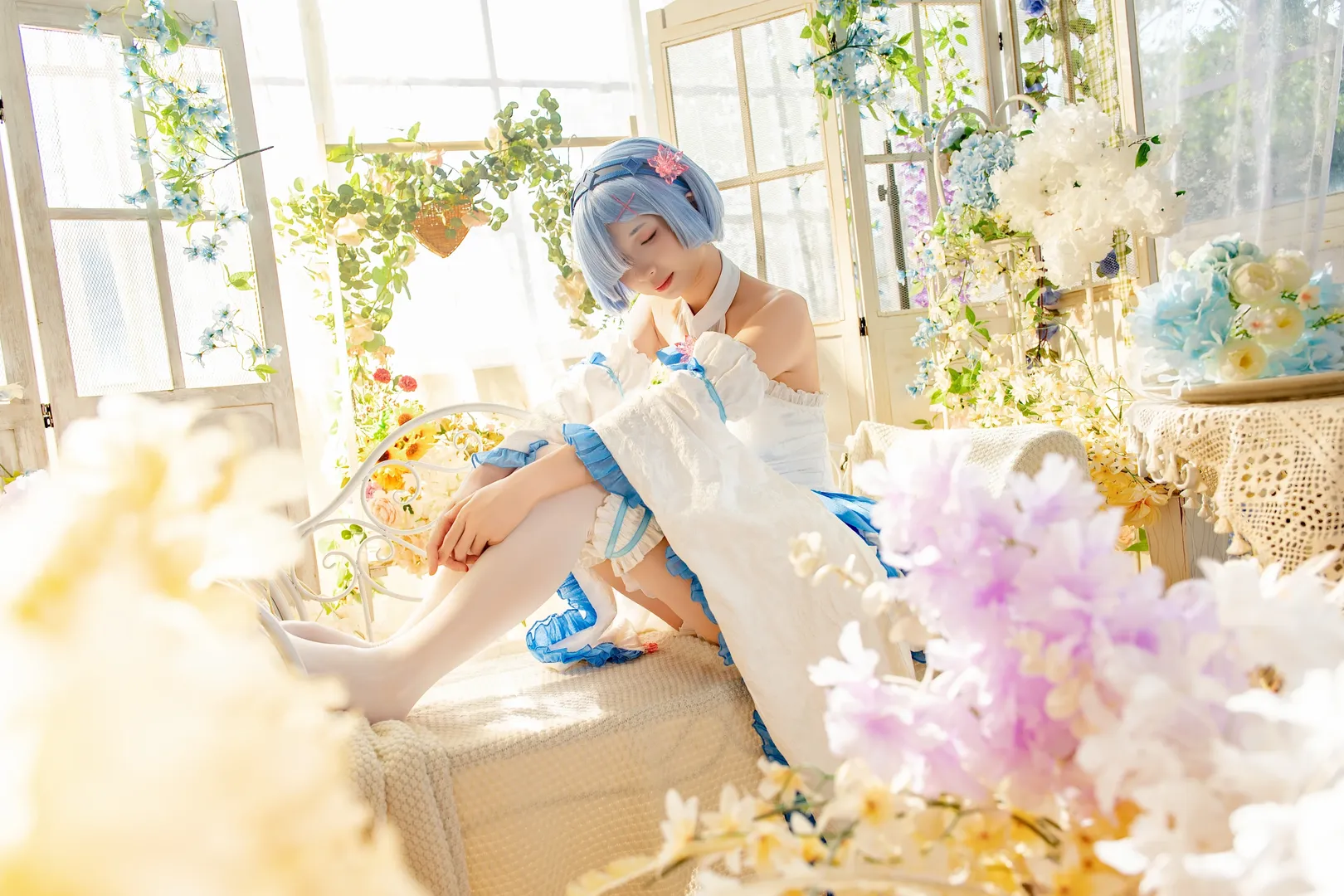 二次元cosplay, 蕾姆cos, 从零开始的异世界, 白丝穿搭, 摄影棚返图 - 第2张