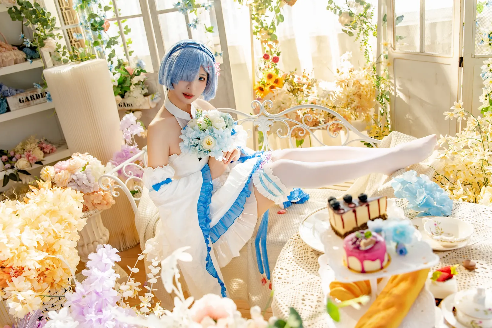 二次元cosplay, 蕾姆cos, 从零开始的异世界, 白丝穿搭, 摄影棚返图 - 第3张