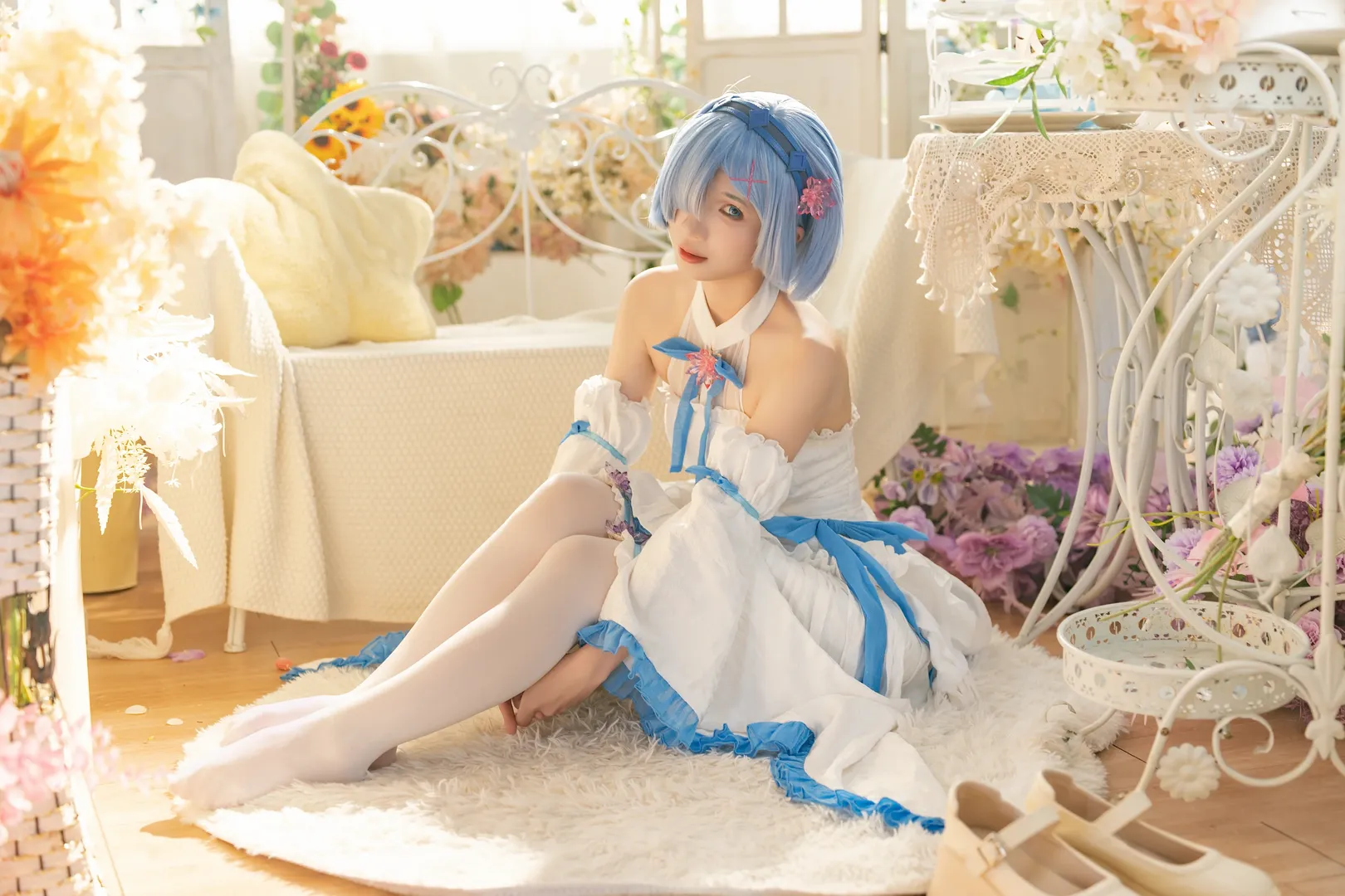 二次元cosplay, 蕾姆cos, 从零开始的异世界, 白丝穿搭, 摄影棚返图 - 第5张