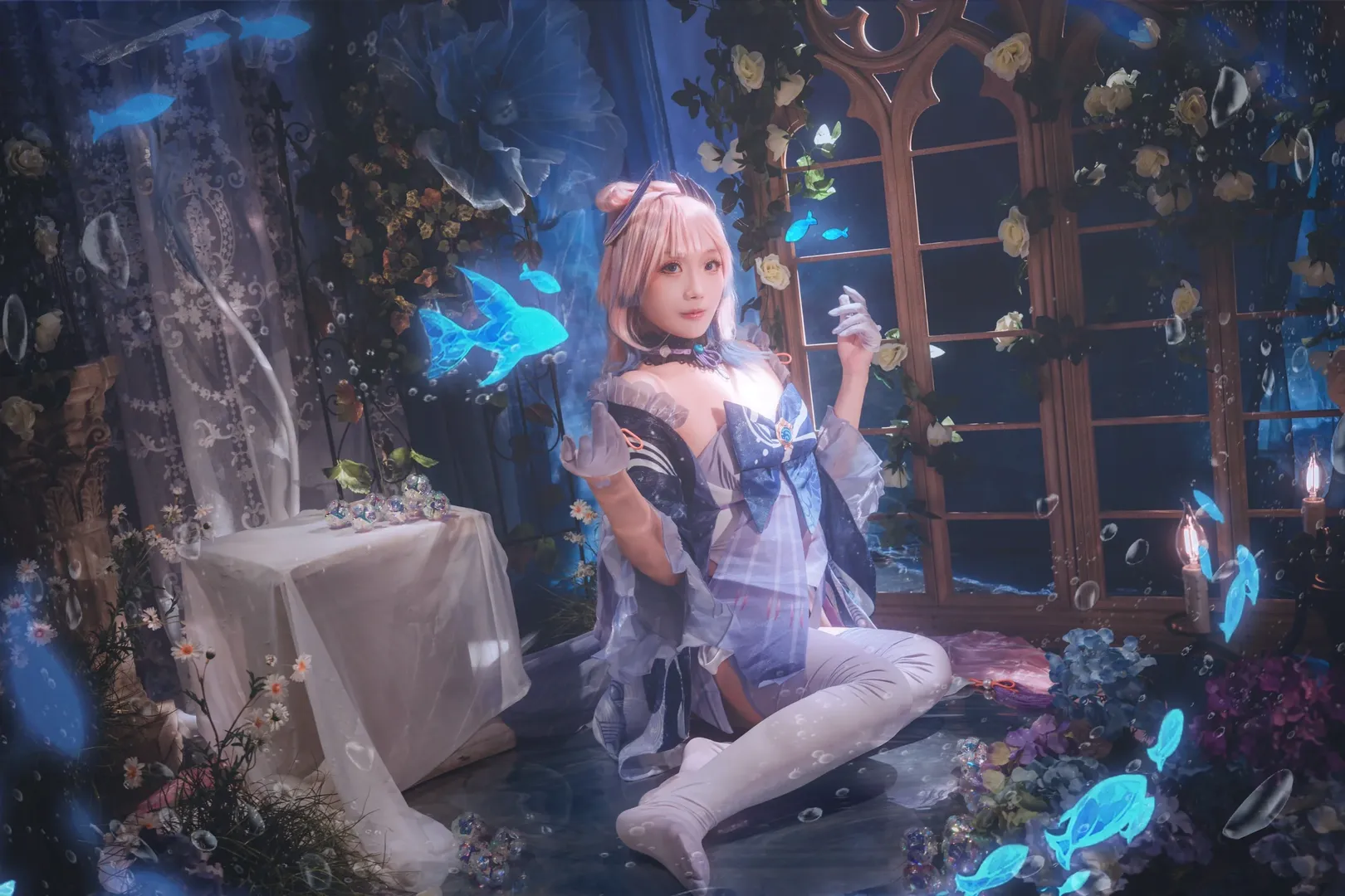 Genshin Impact, Sangonomiya Kokomi cosplay, Cosplay photoshoot, Anime cosplay, Underwater photography set design