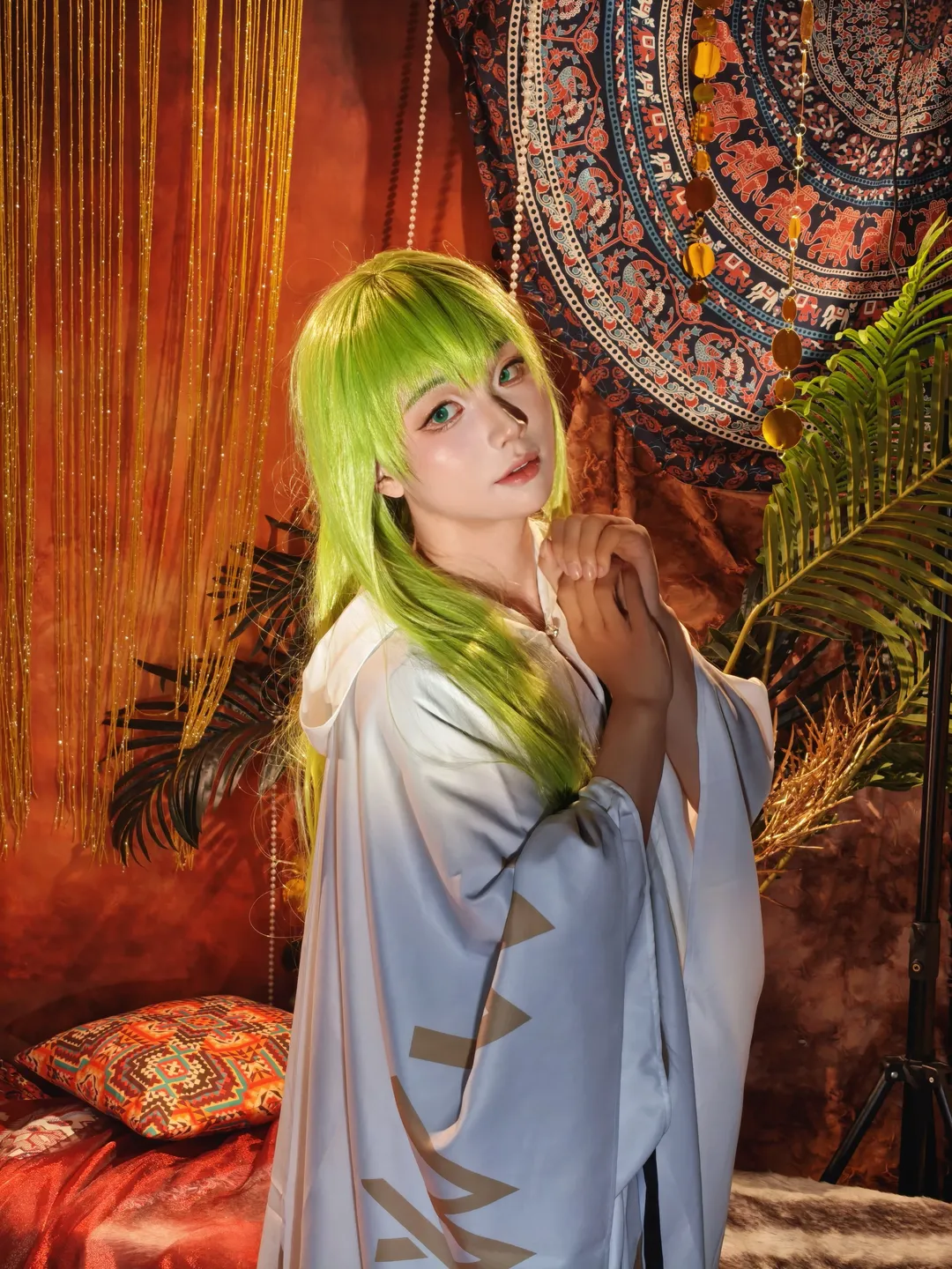 Fate/Grand Order, 二次元cosplay, 恩奇都cos, 绿发假发, 异域风摄影