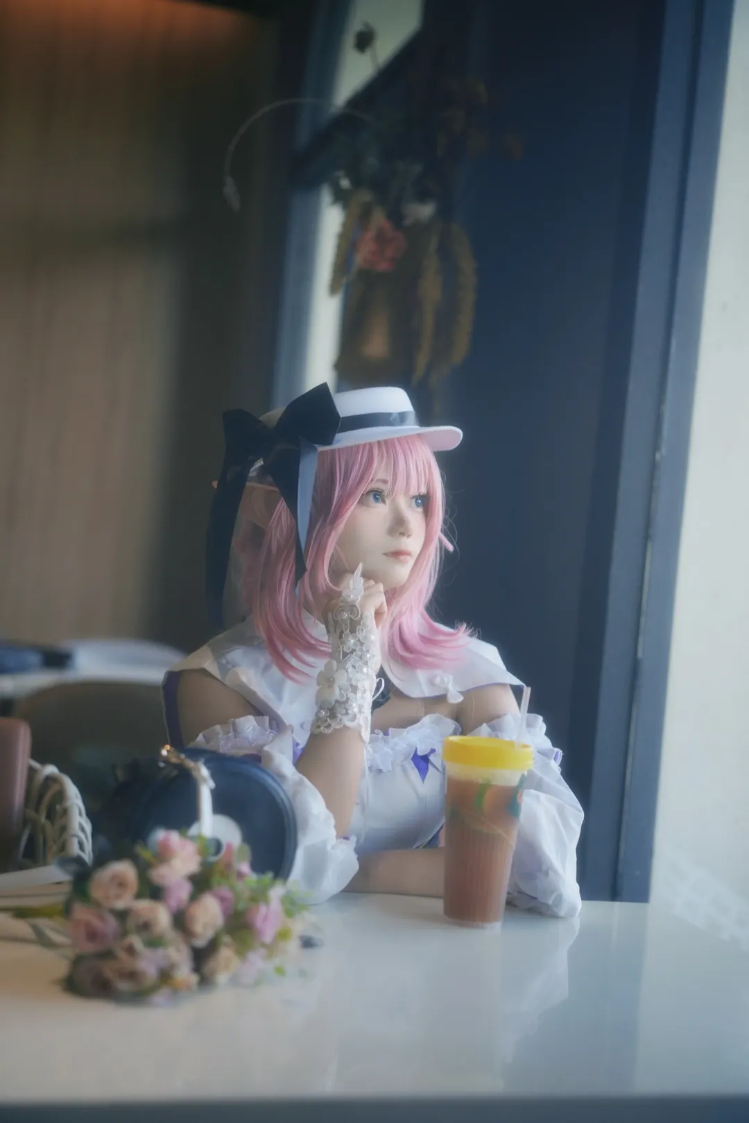 Elysia Cosplay, Elf ears, Cosplay photography, Pink wig, Café photography
