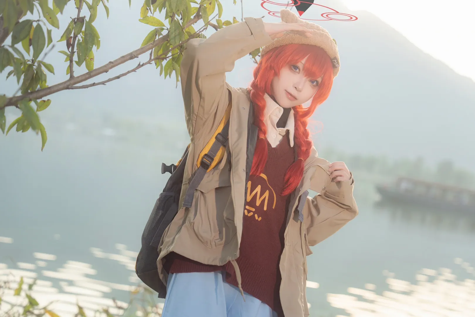 Blue Archive, Cosplay photography, Konuri Maki cosplay, Outdoor camping, Red hair, twin braids