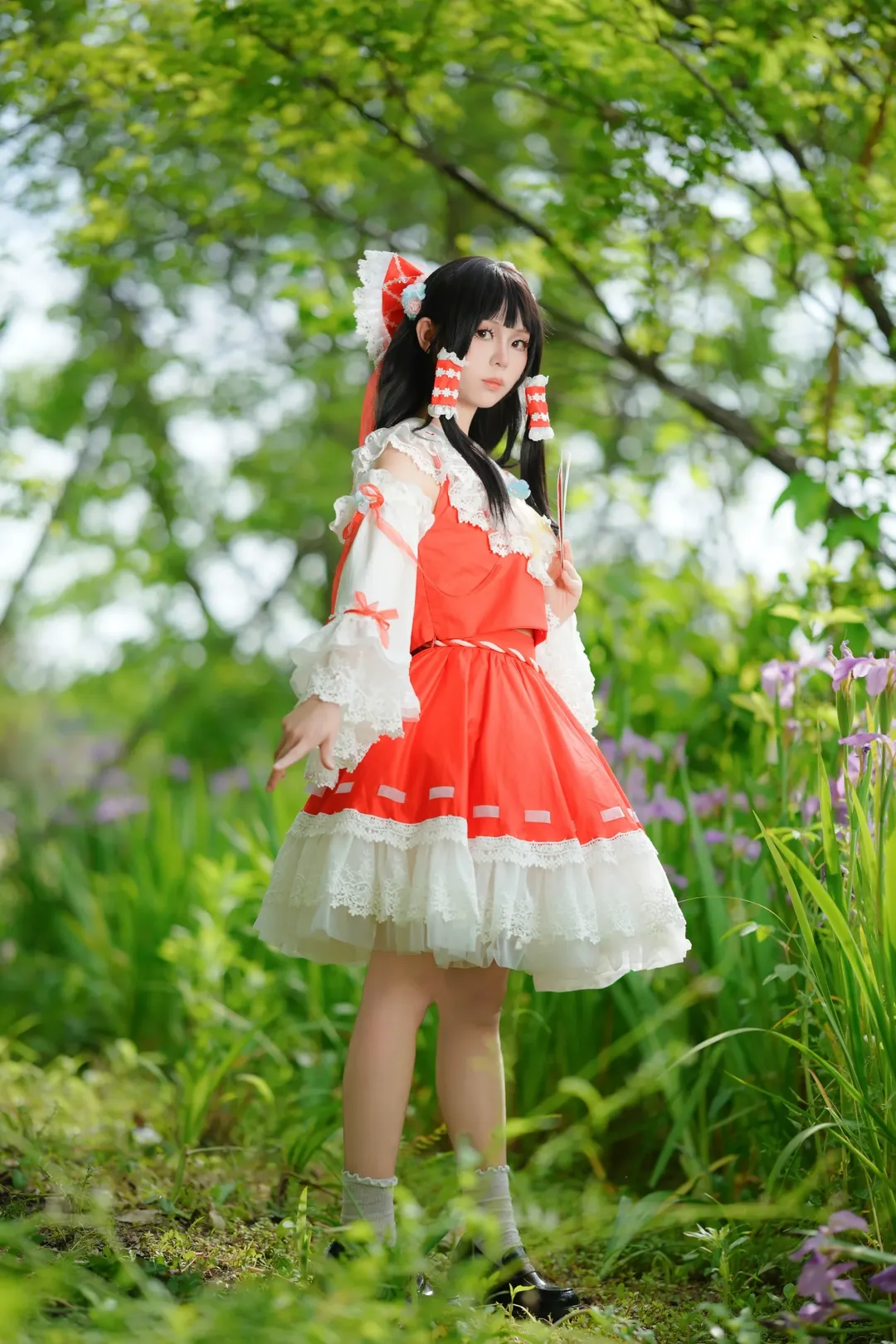 博丽灵梦cos, 东方Project, 外景摄影, cosplay正片, 月见草花海 - 第10张