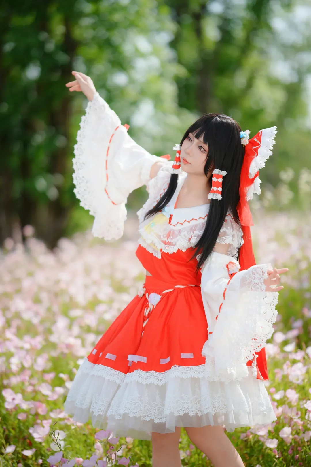 博丽灵梦cos, 东方Project, 外景摄影, cosplay正片, 月见草花海 - 第4张