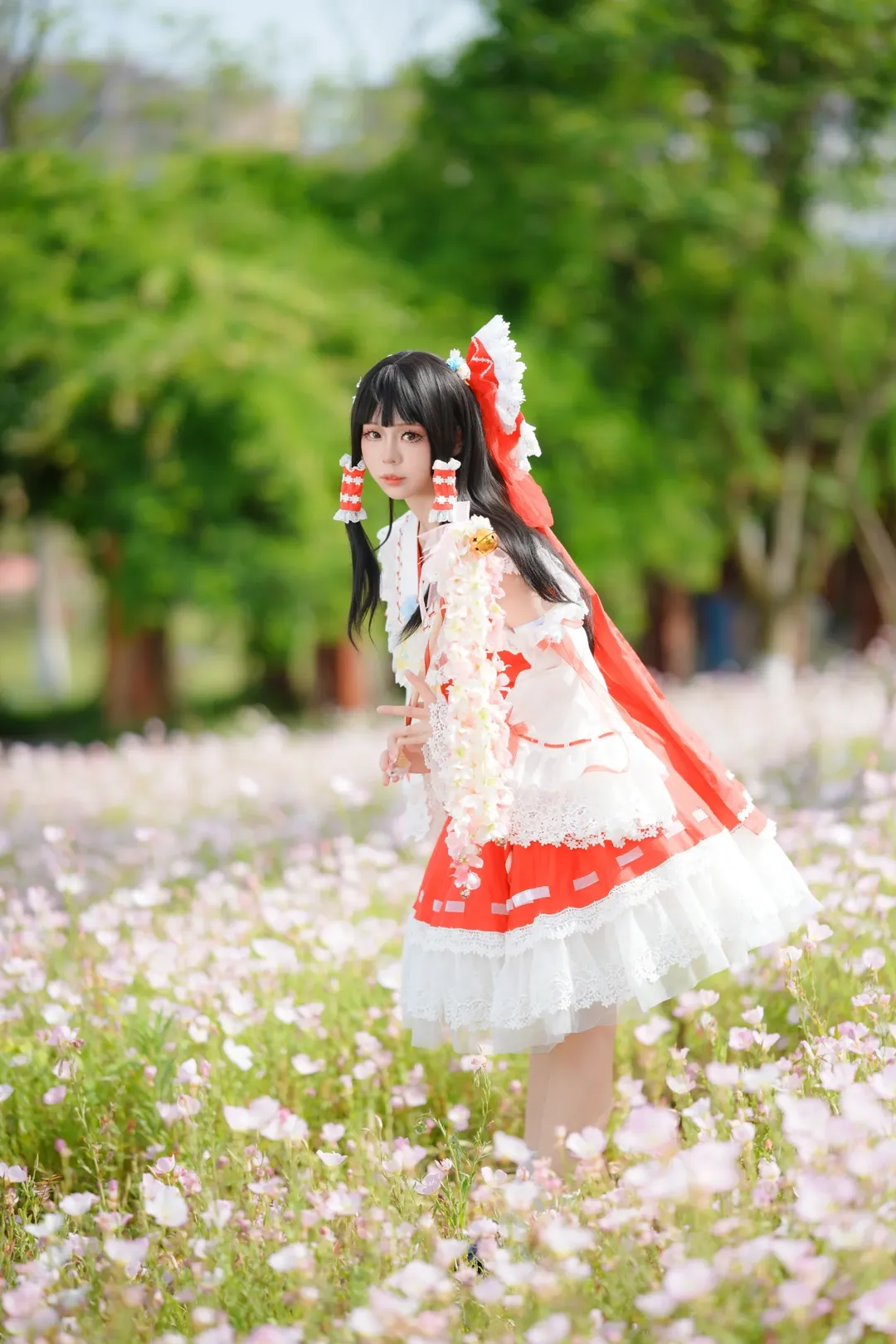 博丽灵梦cos, 东方Project, 外景摄影, cosplay正片, 月见草花海 - 第6张