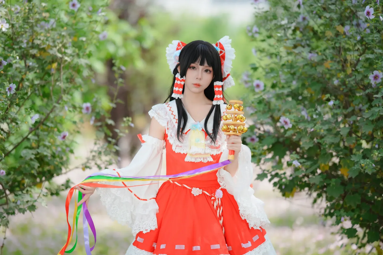 博丽灵梦cos, 东方Project, 外景摄影, cosplay正片, 月见草花海 - 第7张