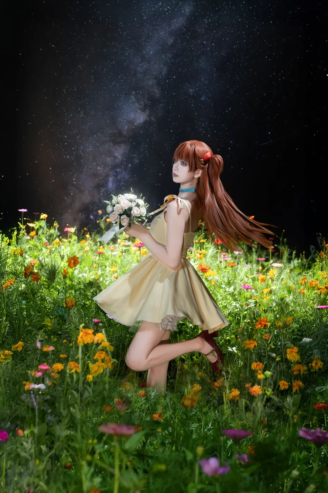二次元撮影, アスカコスプレ, 夜の花畑, 成都での撮影依頼, 星空ポートレート