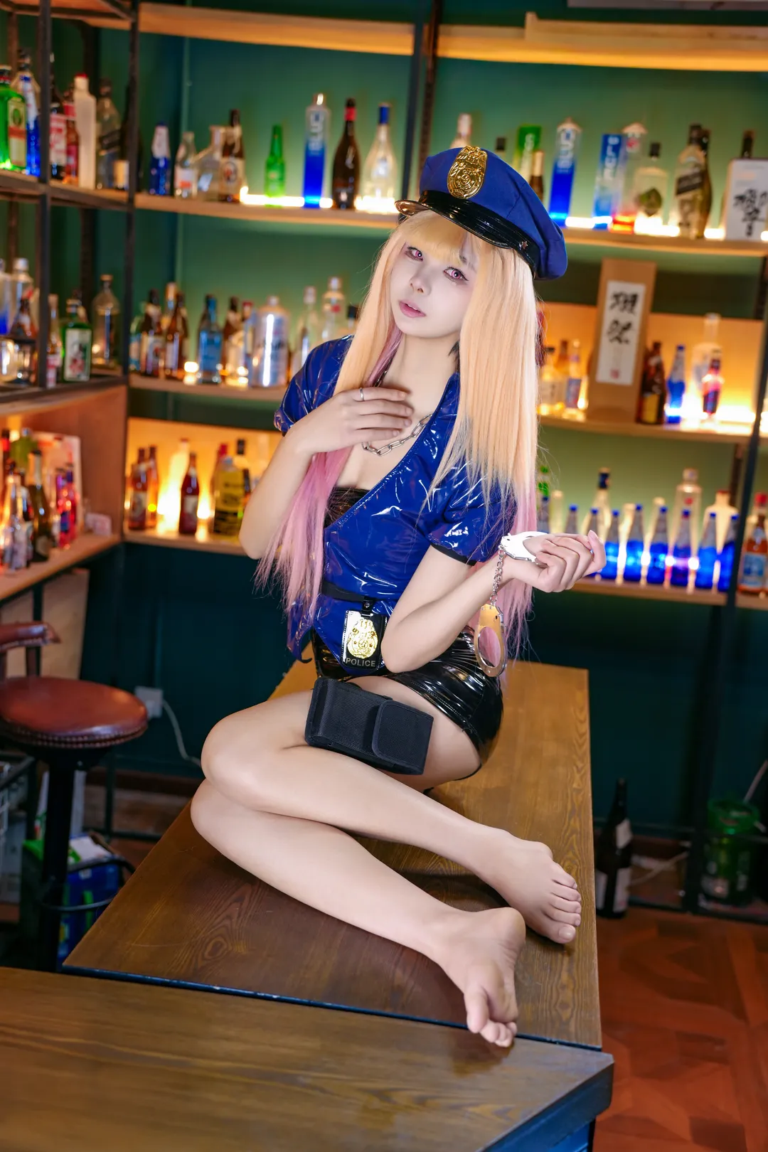 Anime-style photography, Cosplay photoshoot, Marin Kitagawa cosplay, Female police uniform, Glossy patent leather
