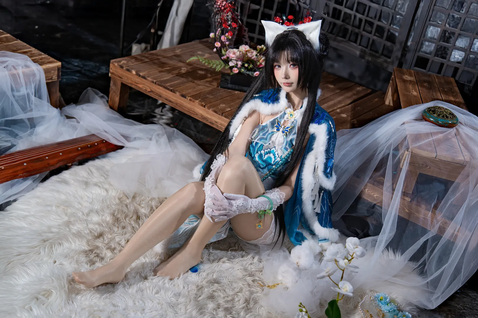 二次元撮影, NARAKA: BLADEPOINT, 古風コスプレ, 顧清寒コスプレ, 青と白のコーデ