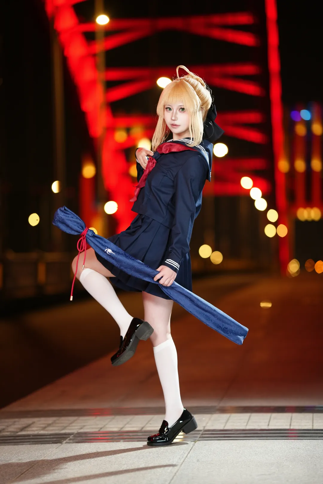Fate/Grand Order, 阿尔托莉雅cos, 二次元cosplay, 水手服, 夜景写真