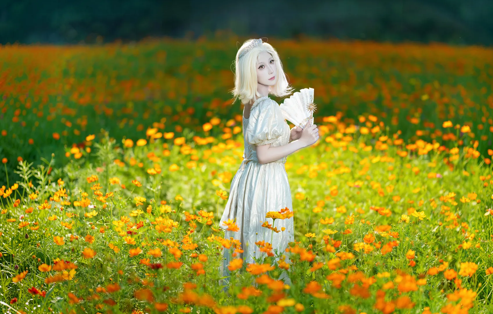 cosplay摄影, 兴隆湖格桑花海, 白色连衣裙写真, 蓝调人像, 花海出片 - 第3张