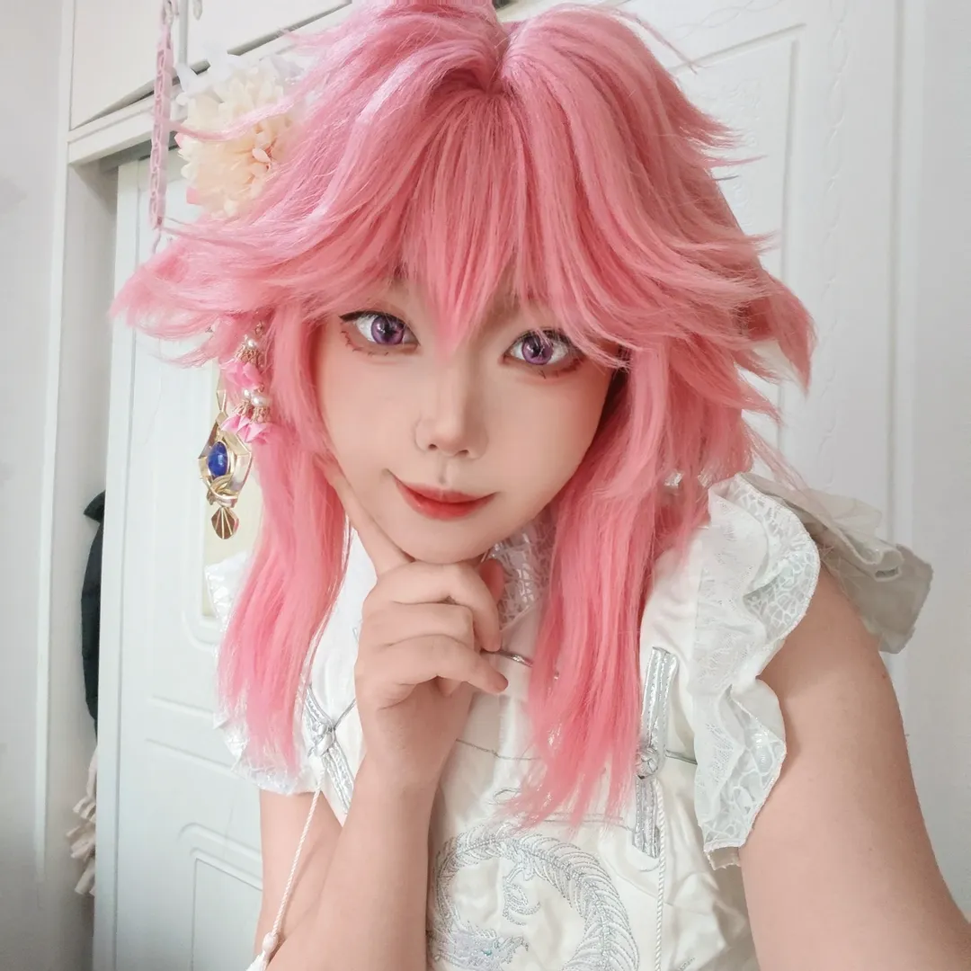 原神, Cosplay摄影, 八重神子cos, 粉色假发, 樱花季cos