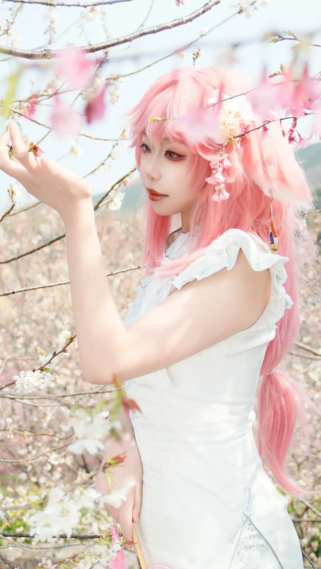 原神, 八重神子cos, cosplay摄影, 樱花拍照, 改良旗袍